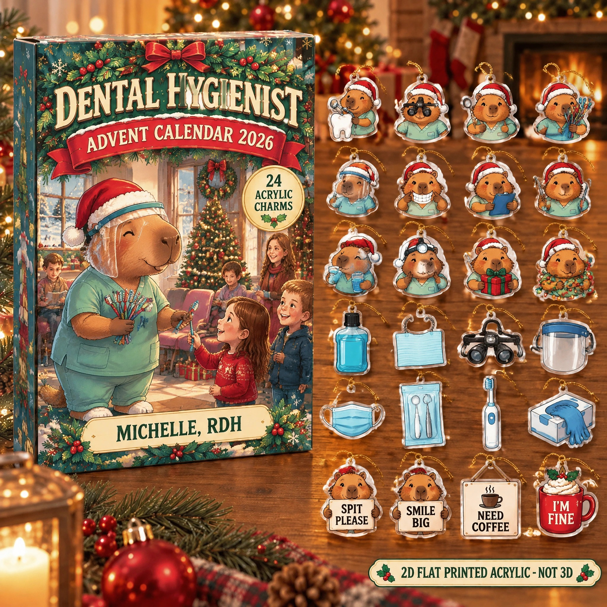 Personalized Dental Hygienist Capybara advent calendar box with 24 flat acrylic Christmas charms