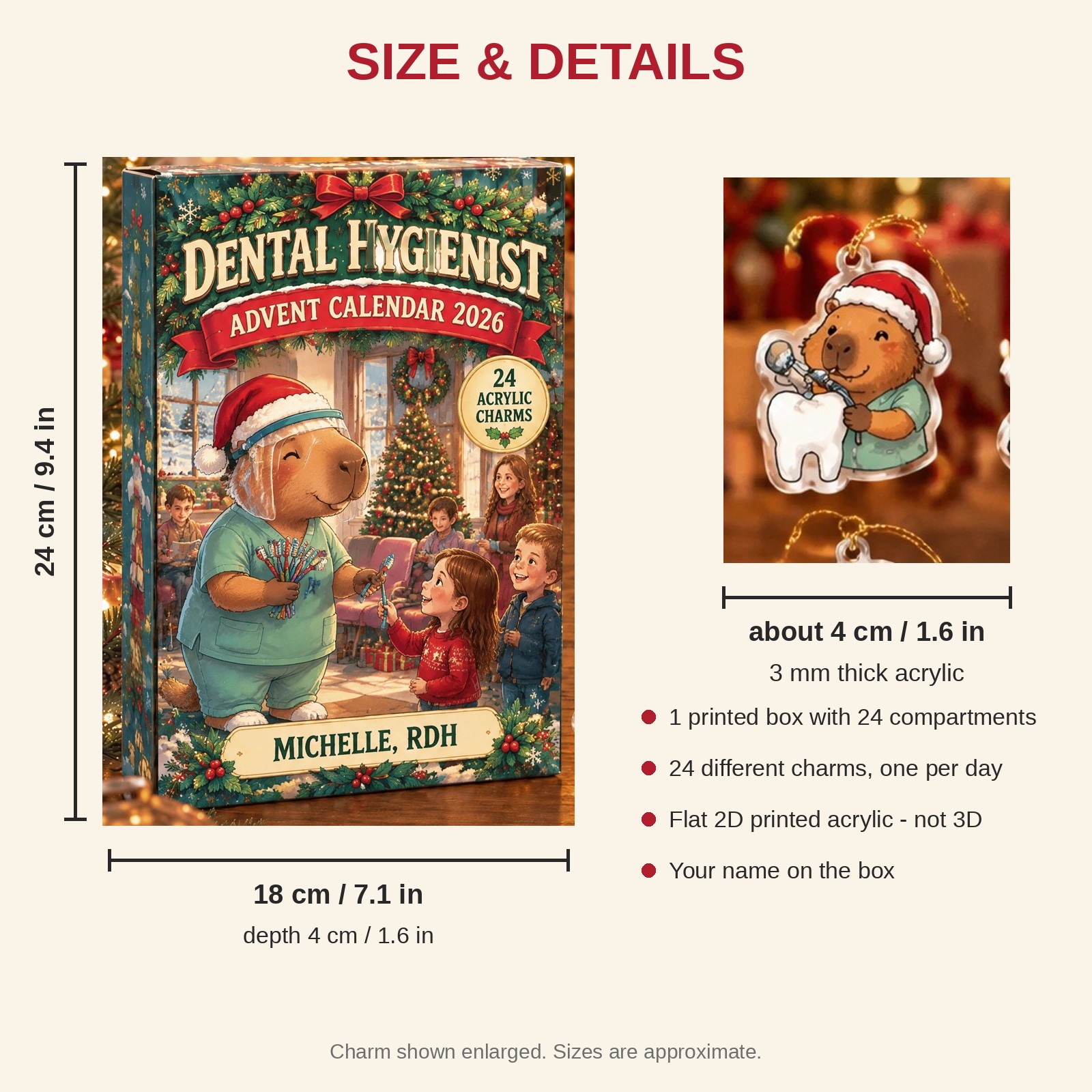 Personalized Dental Hygienist Capybara advent calendar box with 24 flat acrylic Christmas charms: box and charm sizes