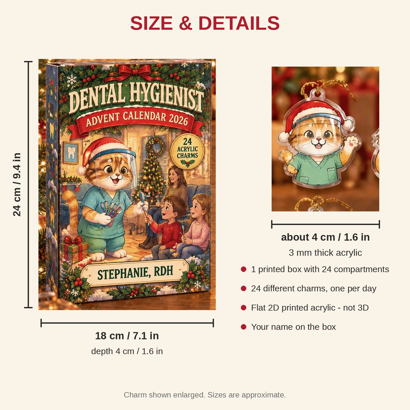 Personalized Dental Hygienist Cat advent calendar box with 24 flat acrylic Christmas charms: box and charm sizes