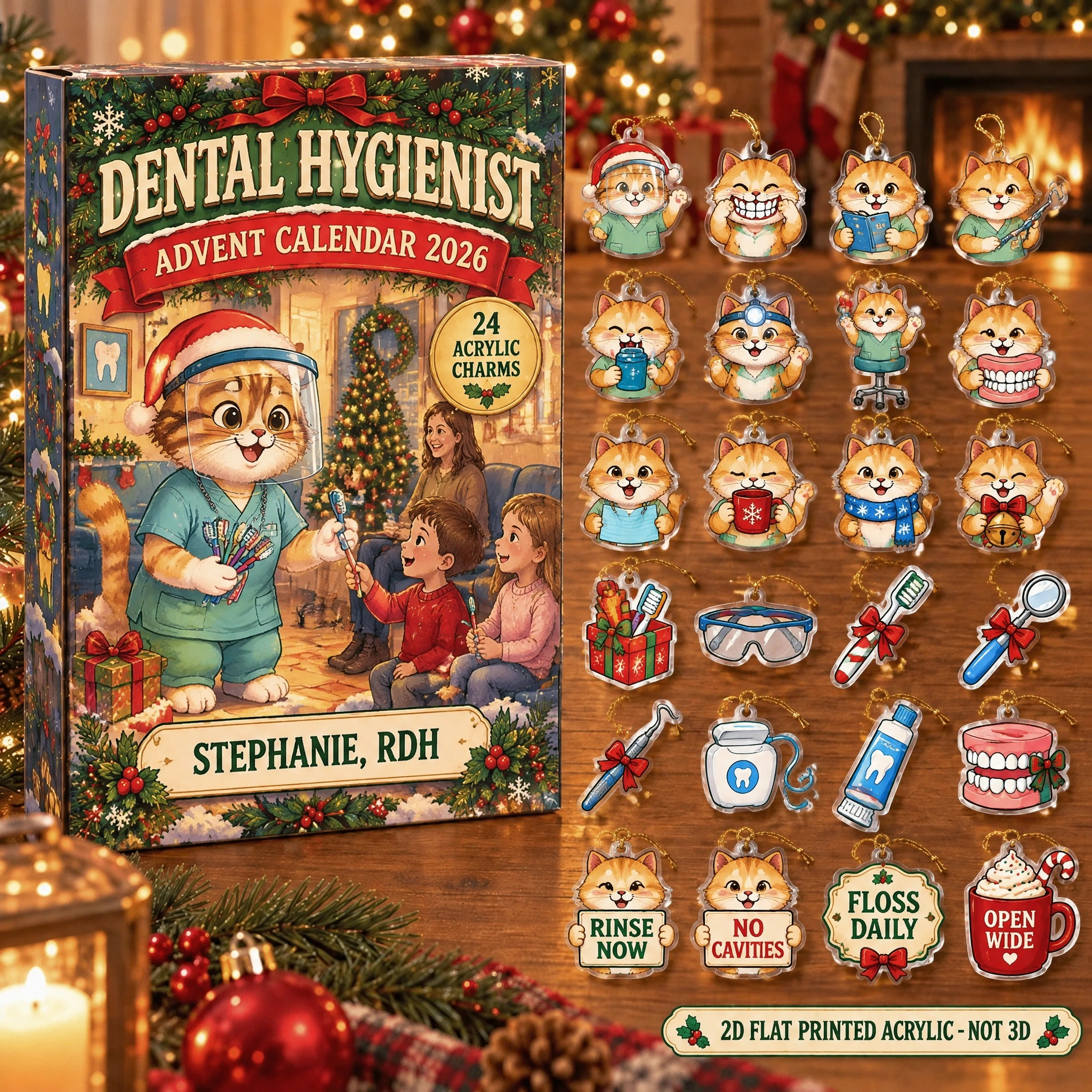 Personalized Dental Hygienist Cat advent calendar box with 24 flat acrylic Christmas charms
