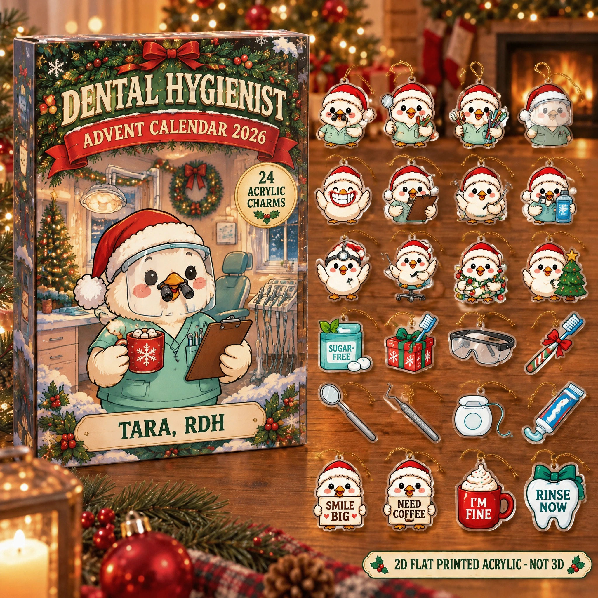 Personalized Dental Hygienist Chicken advent calendar box with 24 flat acrylic Christmas charms
