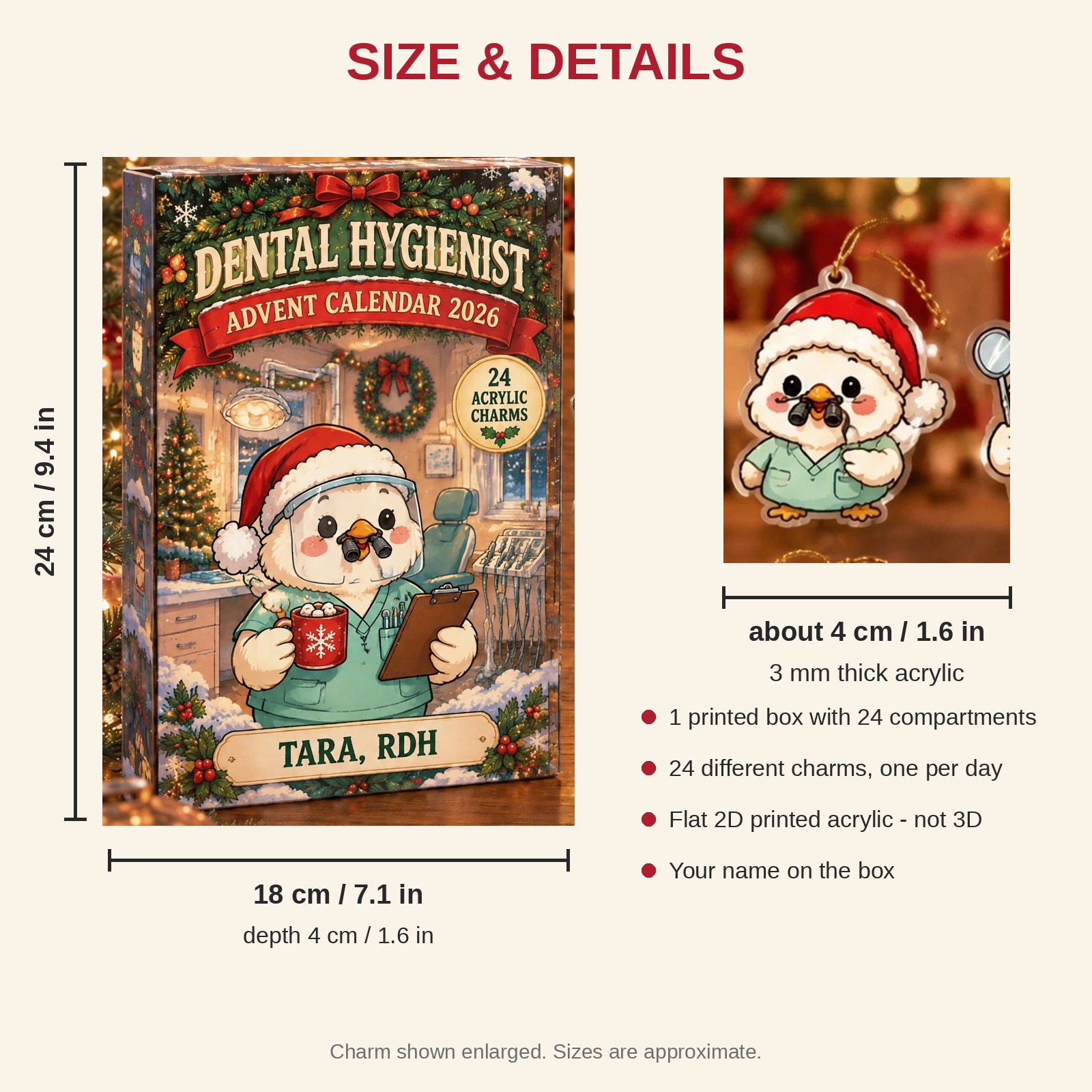 Personalized Dental Hygienist Chicken advent calendar box with 24 flat acrylic Christmas charms: box and charm sizes