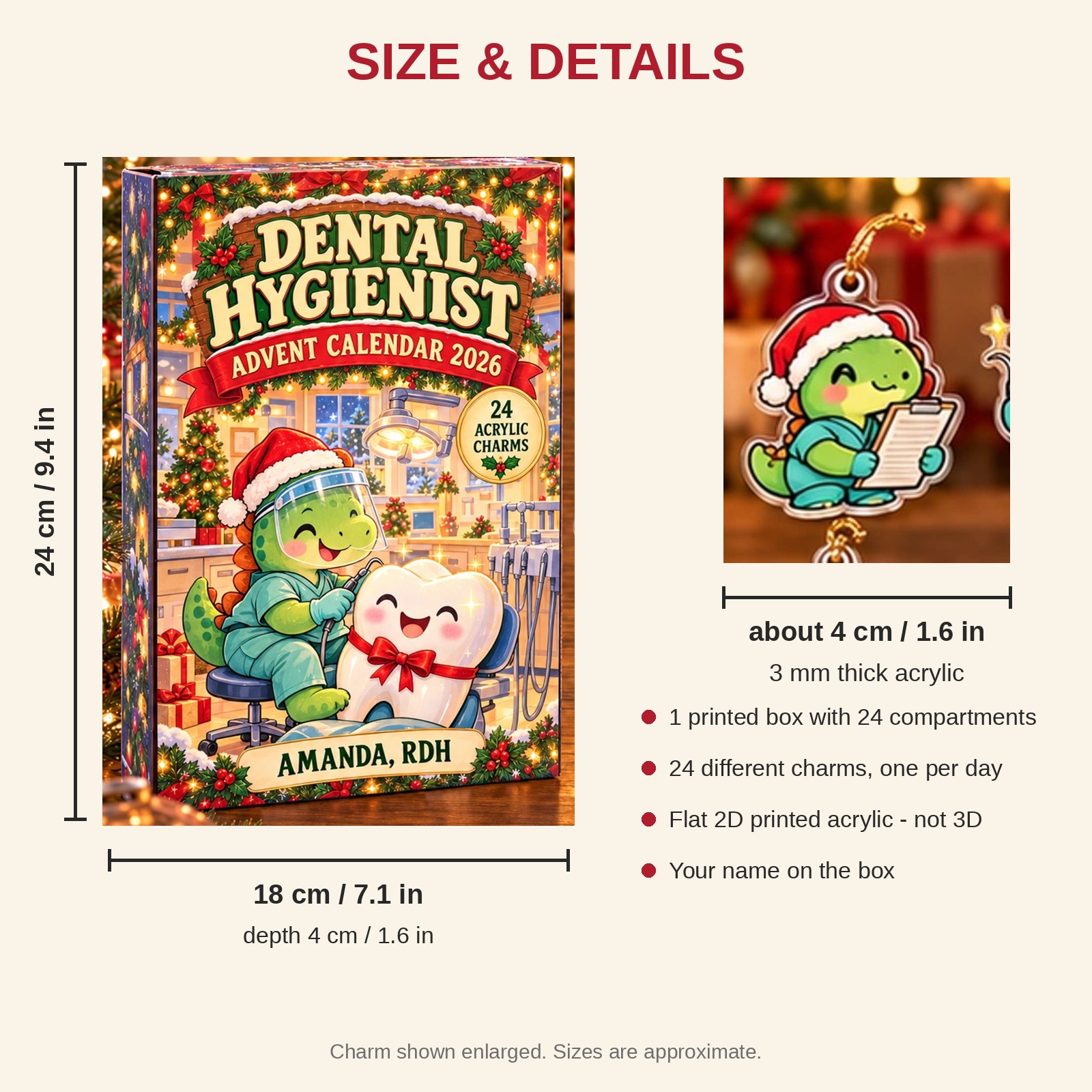 Personalized Dental Hygienist Dinosaur advent calendar box with 24 flat acrylic Christmas charms: box and charm sizes