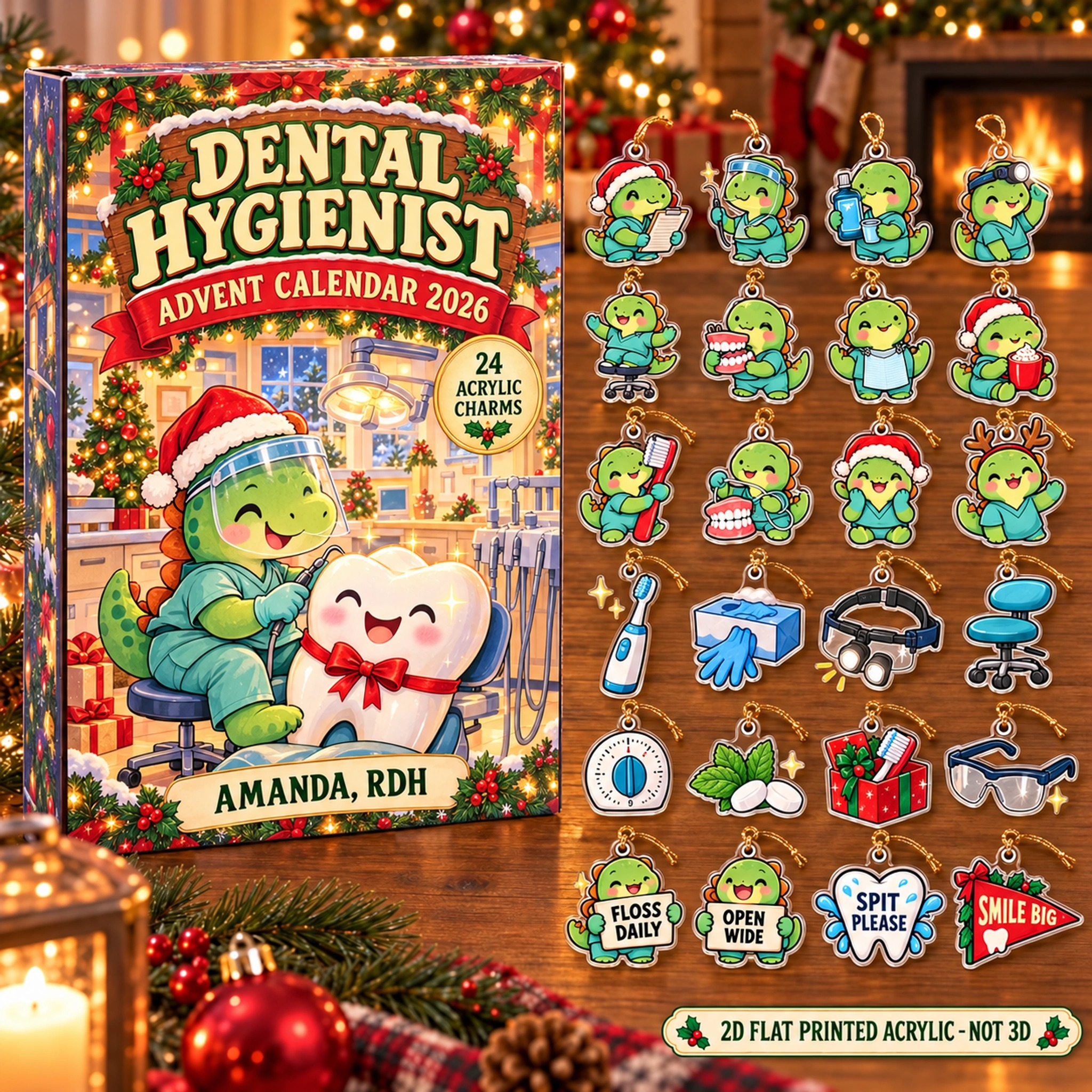 Personalized Dental Hygienist Dinosaur advent calendar box with 24 flat acrylic Christmas charms