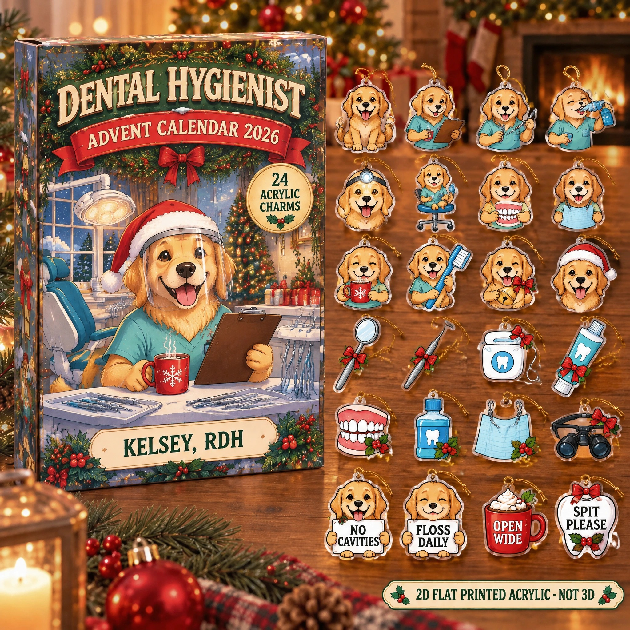 Personalized Dental Hygienist Dog advent calendar box with 24 flat acrylic Christmas charms