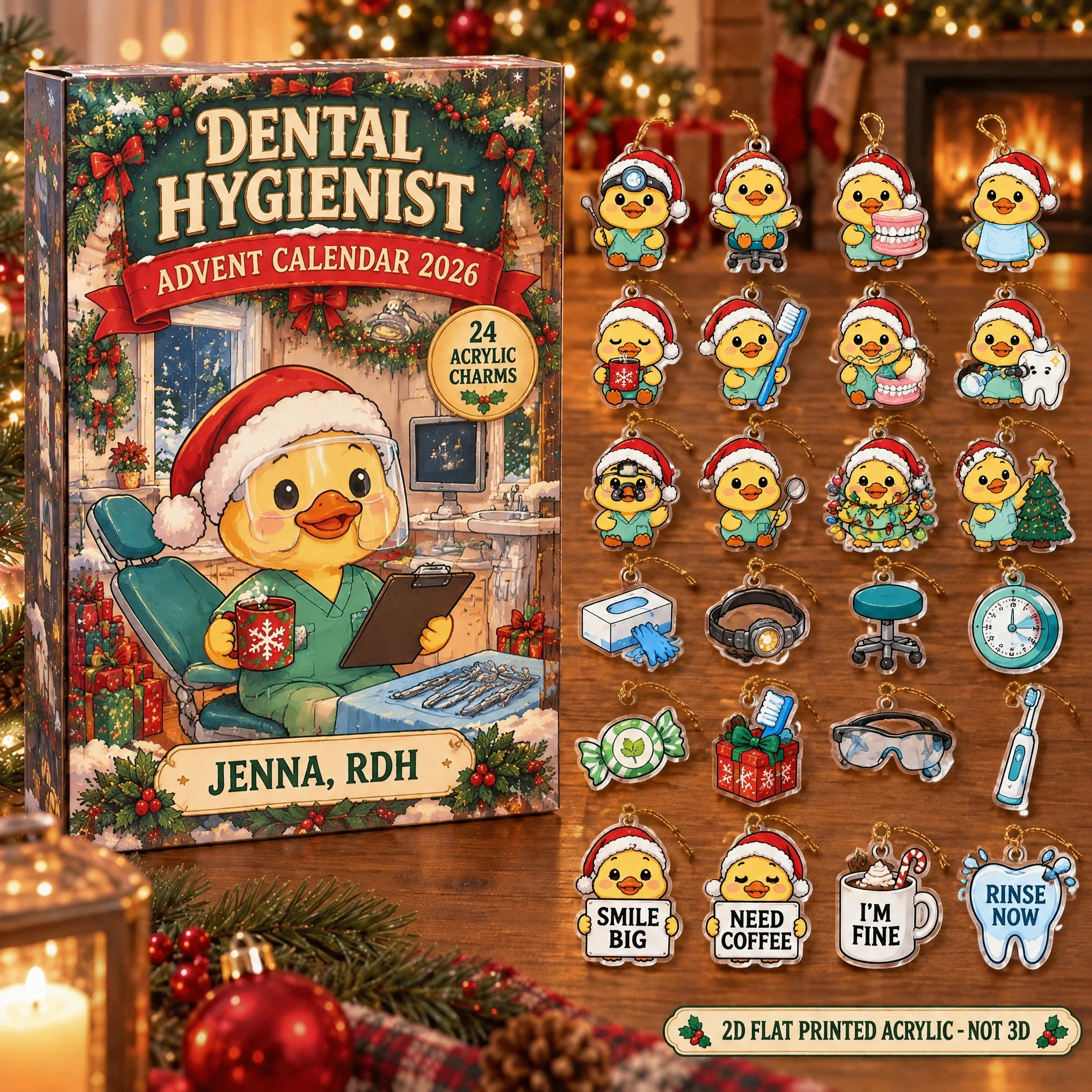 Personalized Dental Hygienist Duck advent calendar box with 24 flat acrylic Christmas charms
