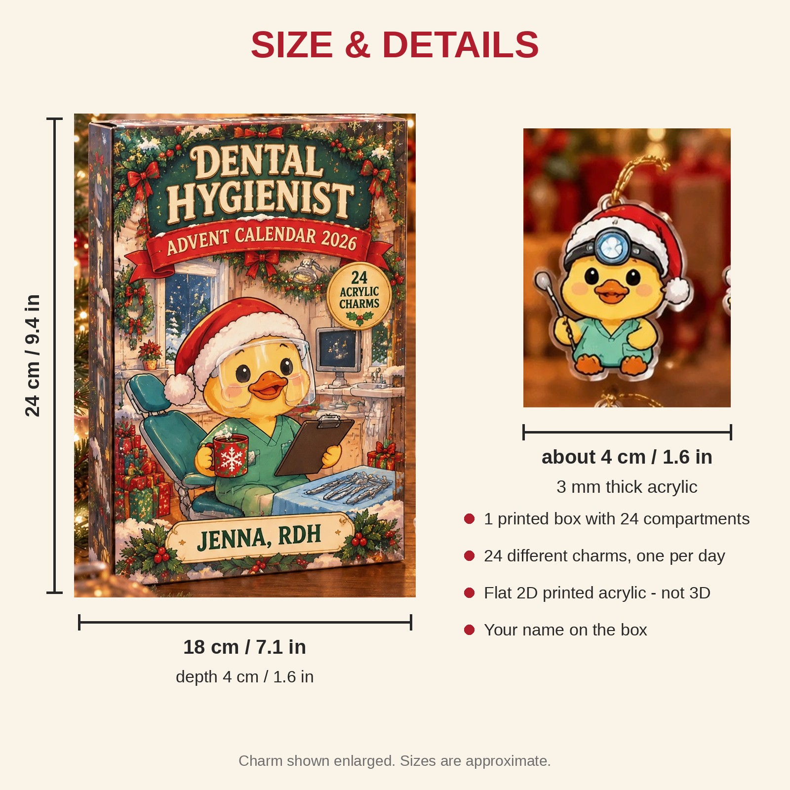 Personalized Dental Hygienist Duck advent calendar box with 24 flat acrylic Christmas charms: box and charm sizes