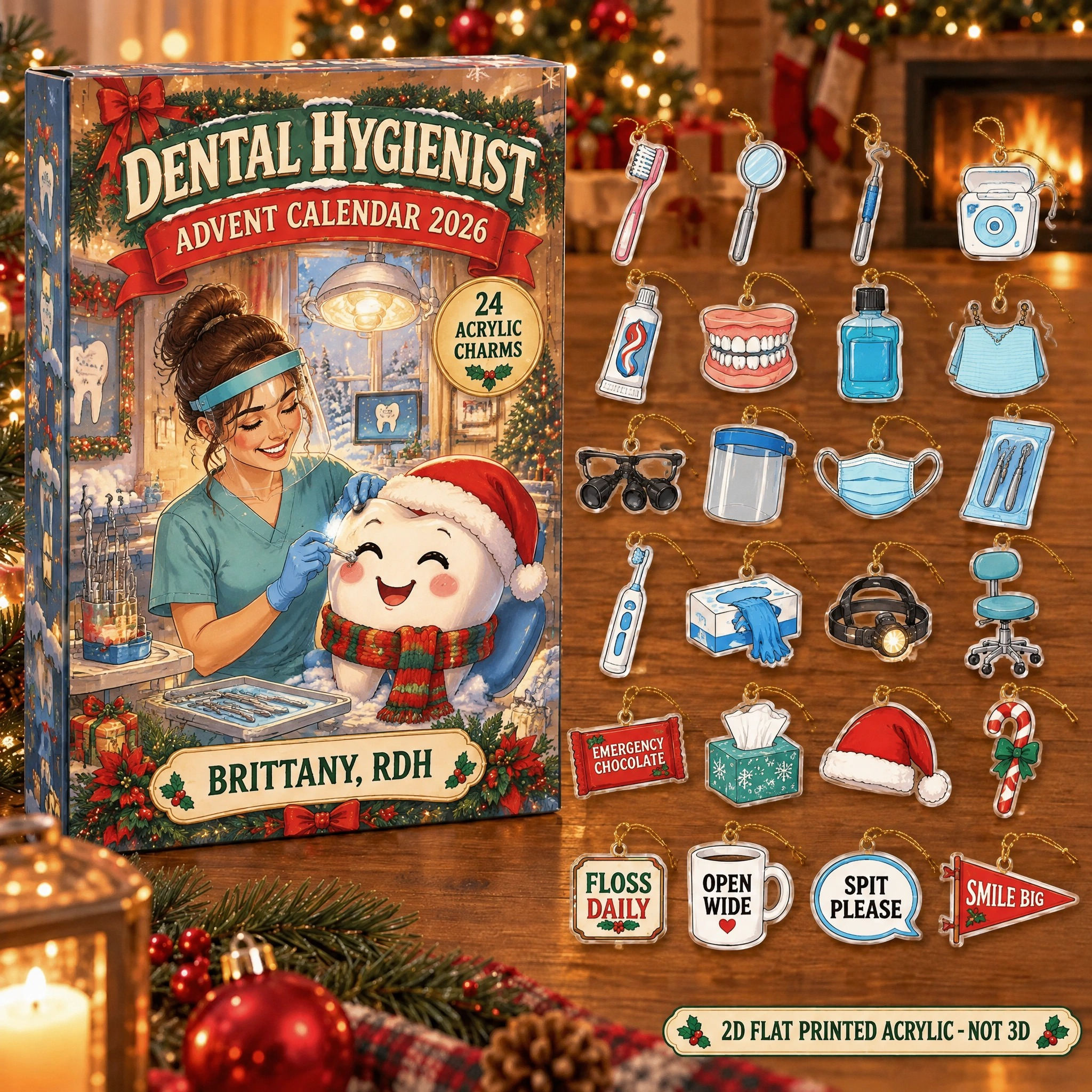 Personalized Dental Hygienist Essentials advent calendar box with 24 flat acrylic Christmas charms