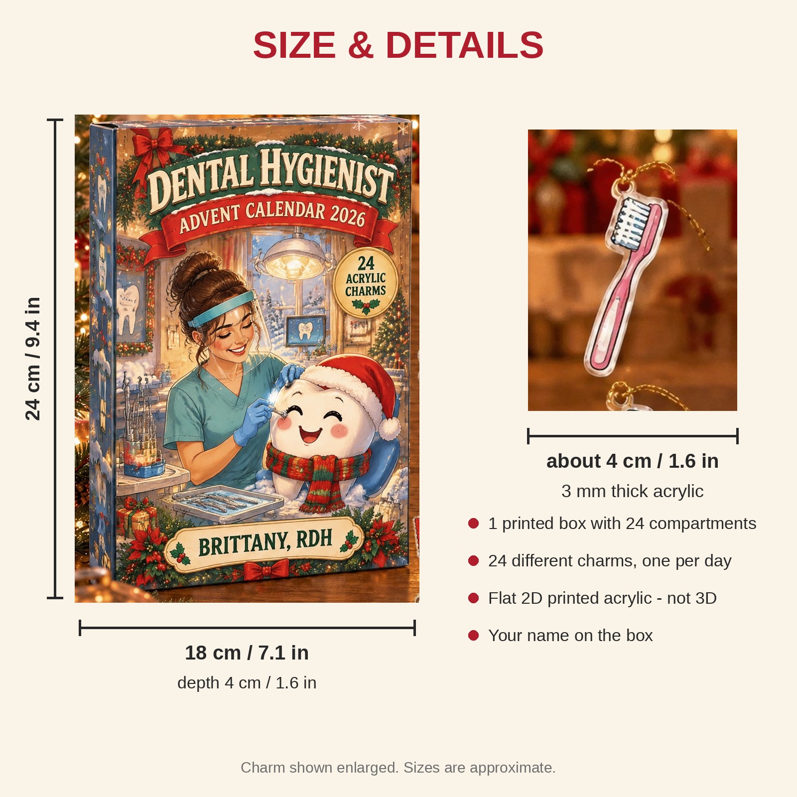 Personalized Dental Hygienist Essentials advent calendar box with 24 flat acrylic Christmas charms: box and charm sizes