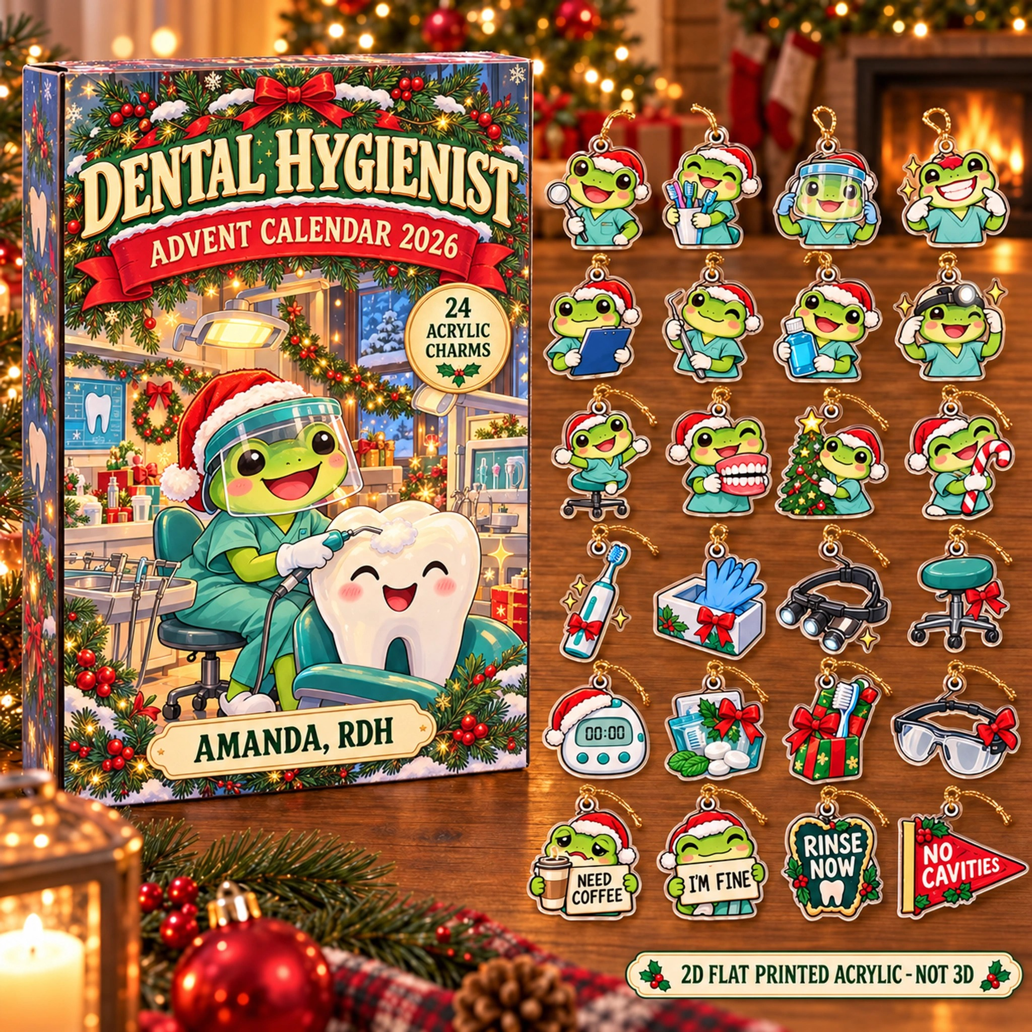 Personalized Dental Hygienist Frog advent calendar box with 24 flat acrylic Christmas charms