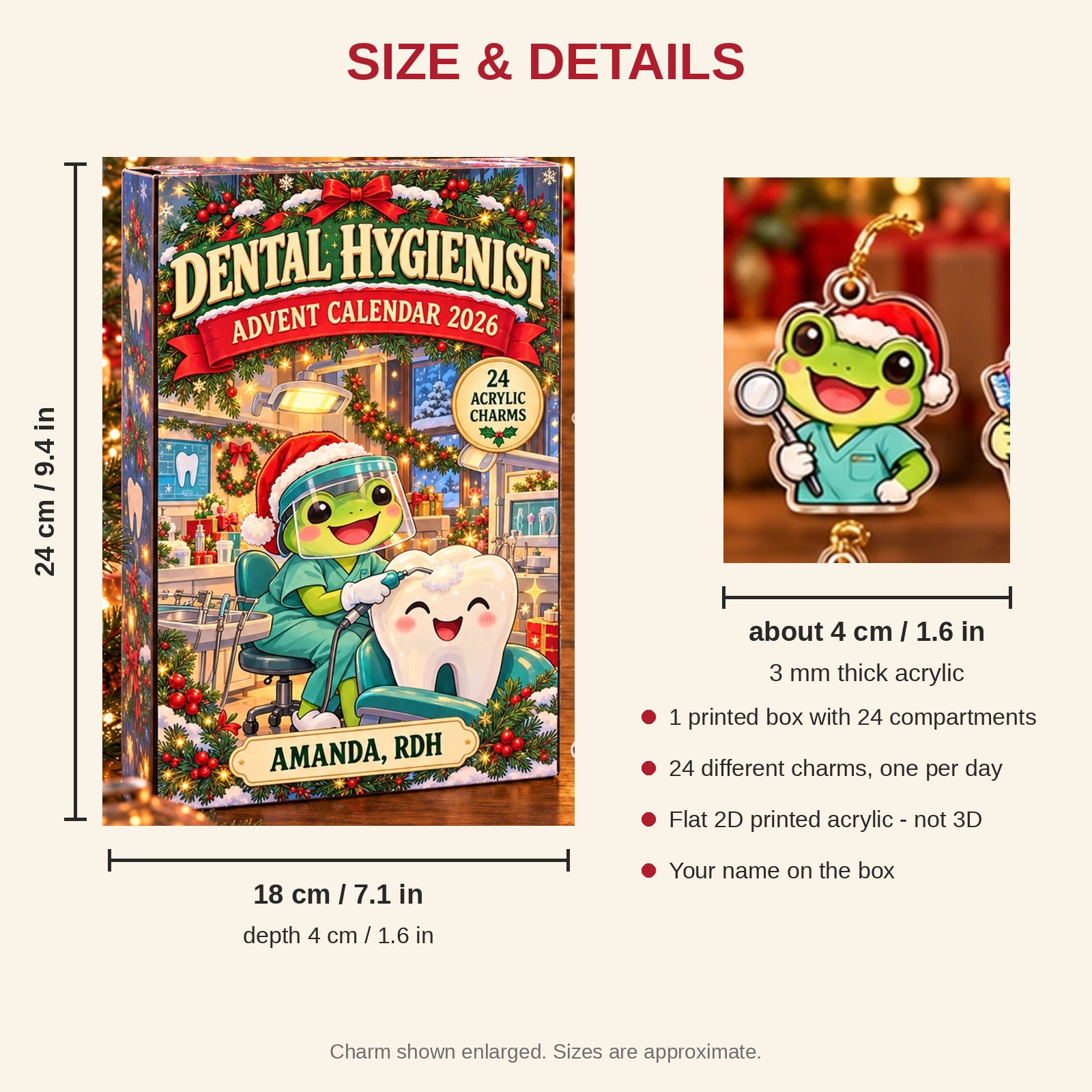 Personalized Dental Hygienist Frog advent calendar box with 24 flat acrylic Christmas charms: box and charm sizes