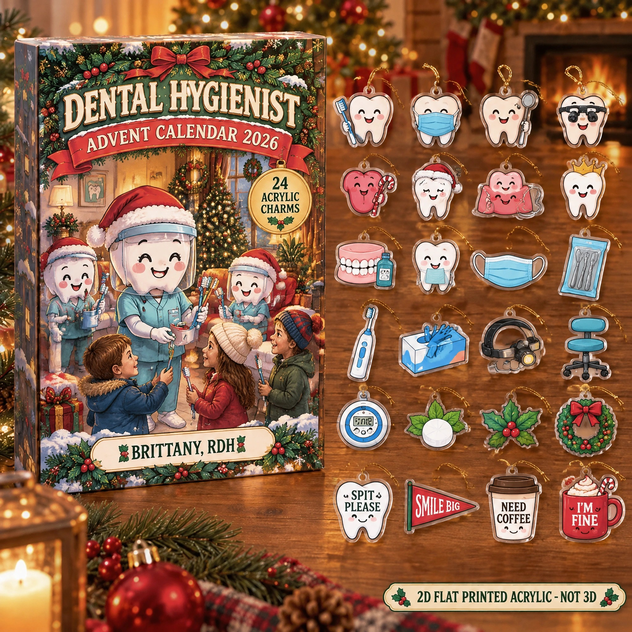 Personalized Funny Anatomy Hygienist advent calendar box with 24 flat acrylic Christmas charms
