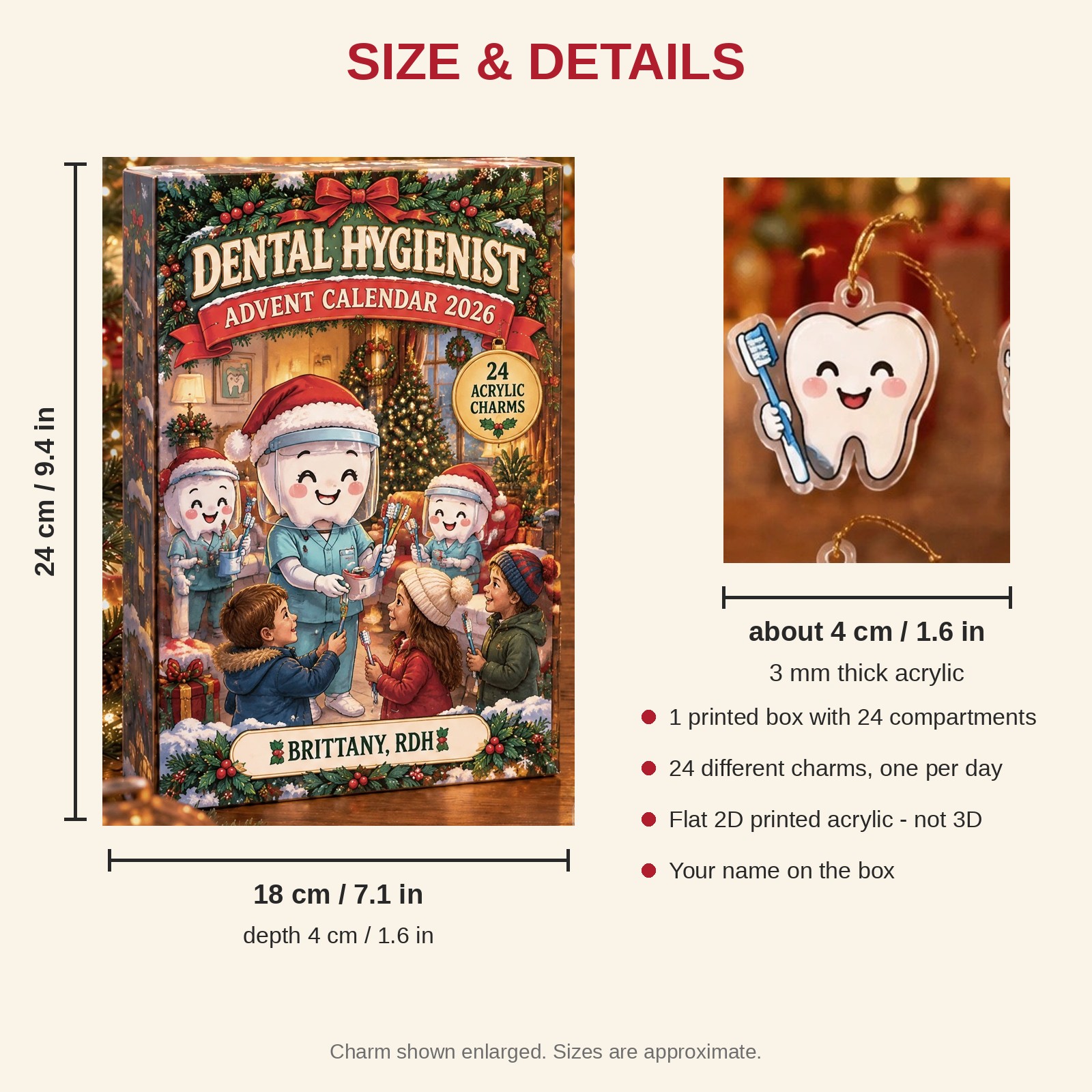 Personalized Funny Anatomy Hygienist advent calendar box with 24 flat acrylic Christmas charms: box and charm sizes