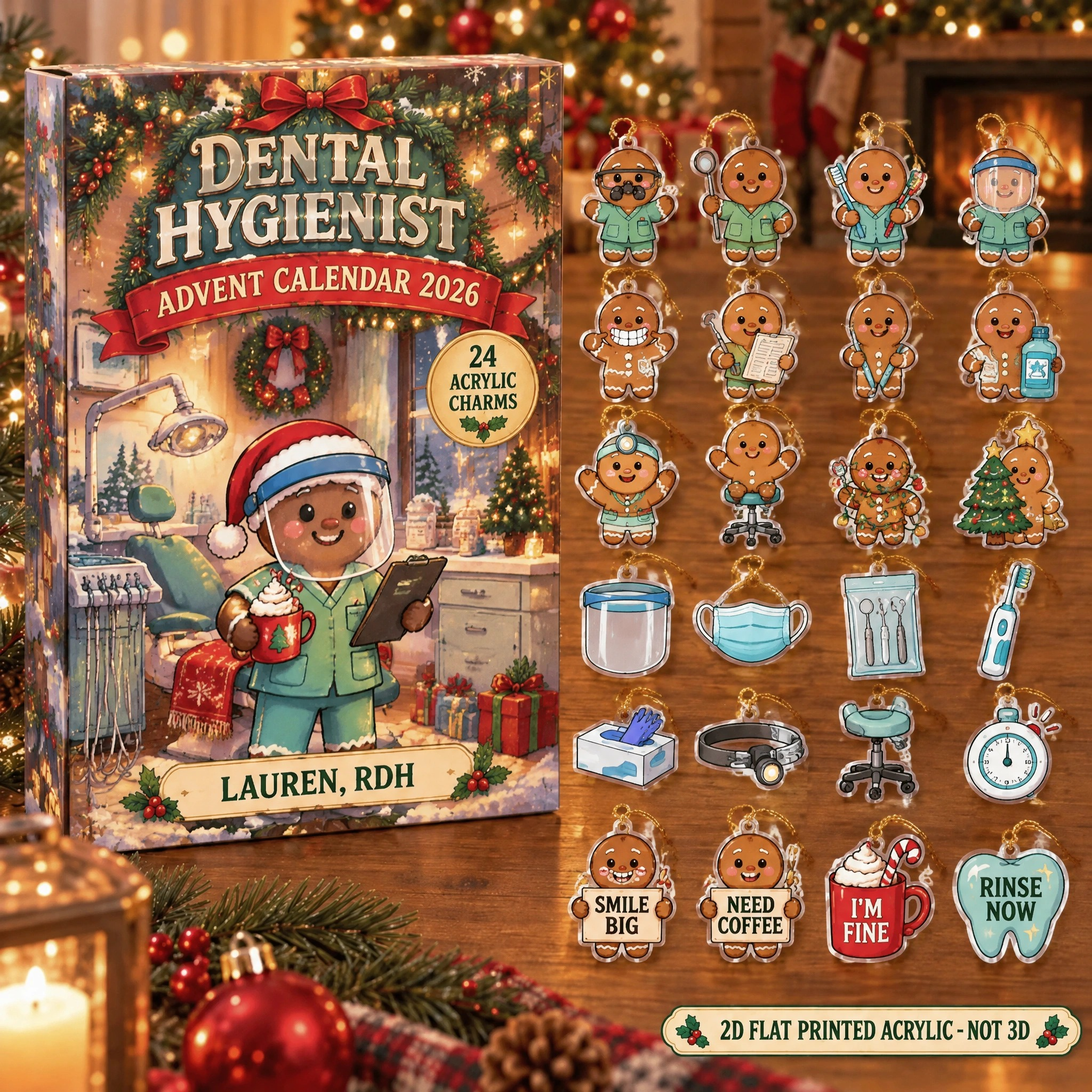 Personalized Dental Hygienist Gingerbread advent calendar box with 24 flat acrylic Christmas charms