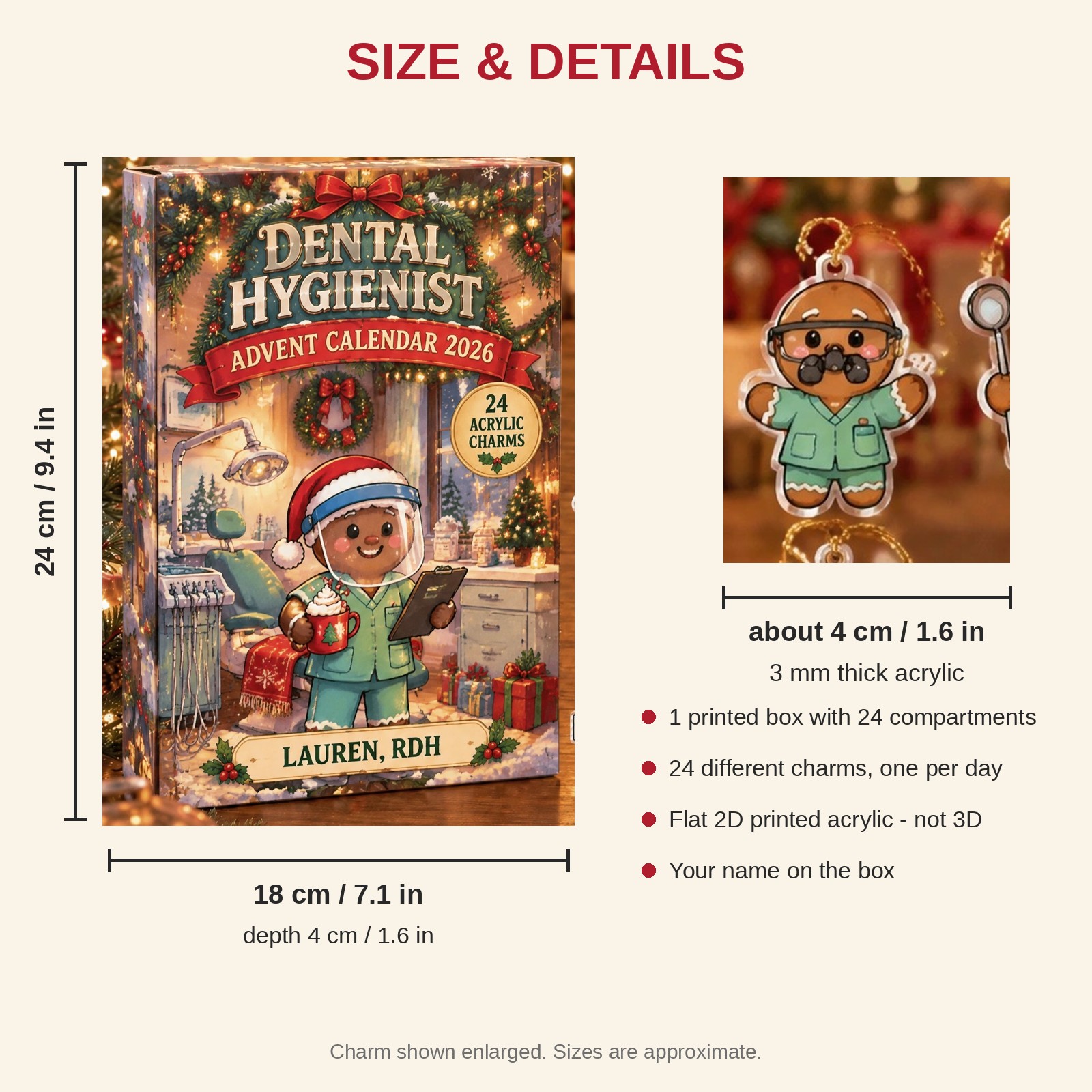 Personalized Dental Hygienist Gingerbread advent calendar box with 24 flat acrylic Christmas charms: box and charm sizes