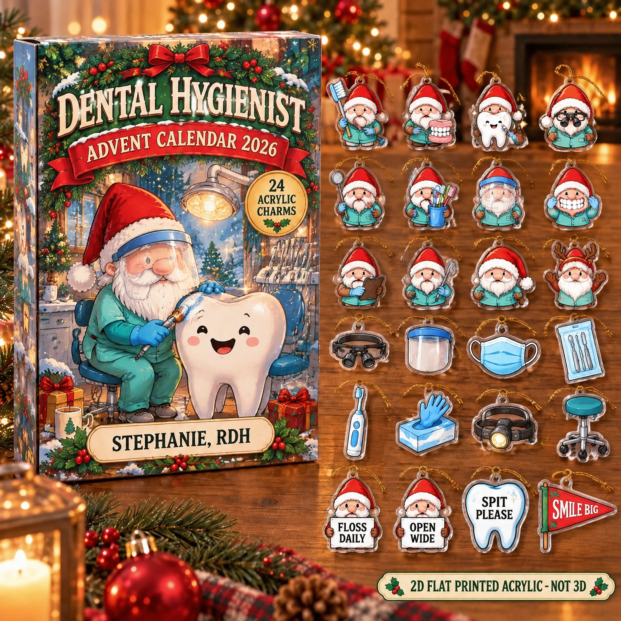 Personalized Dental Hygienist Gnome advent calendar box with 24 flat acrylic Christmas charms