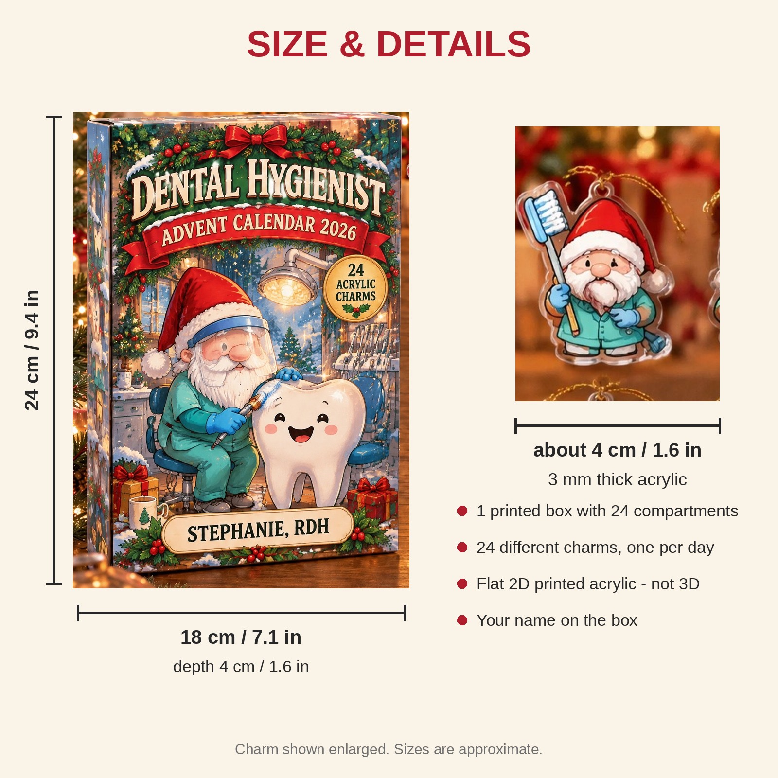 Personalized Dental Hygienist Gnome advent calendar box with 24 flat acrylic Christmas charms: box and charm sizes