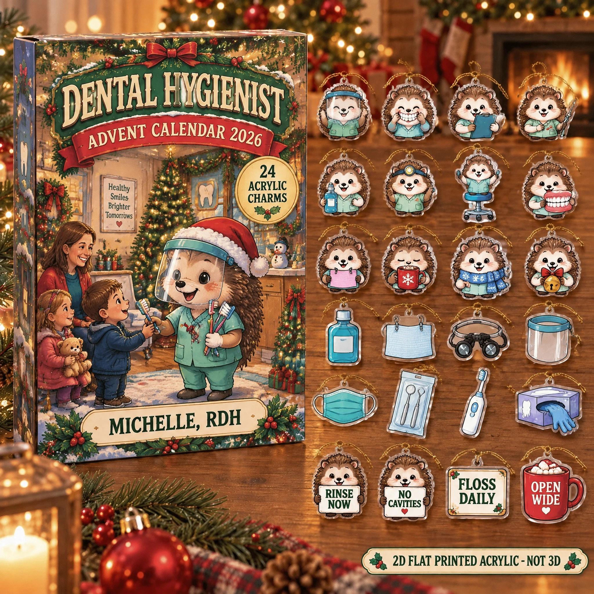 Personalized Dental Hygienist Hedgehog advent calendar box with 24 flat acrylic Christmas charms