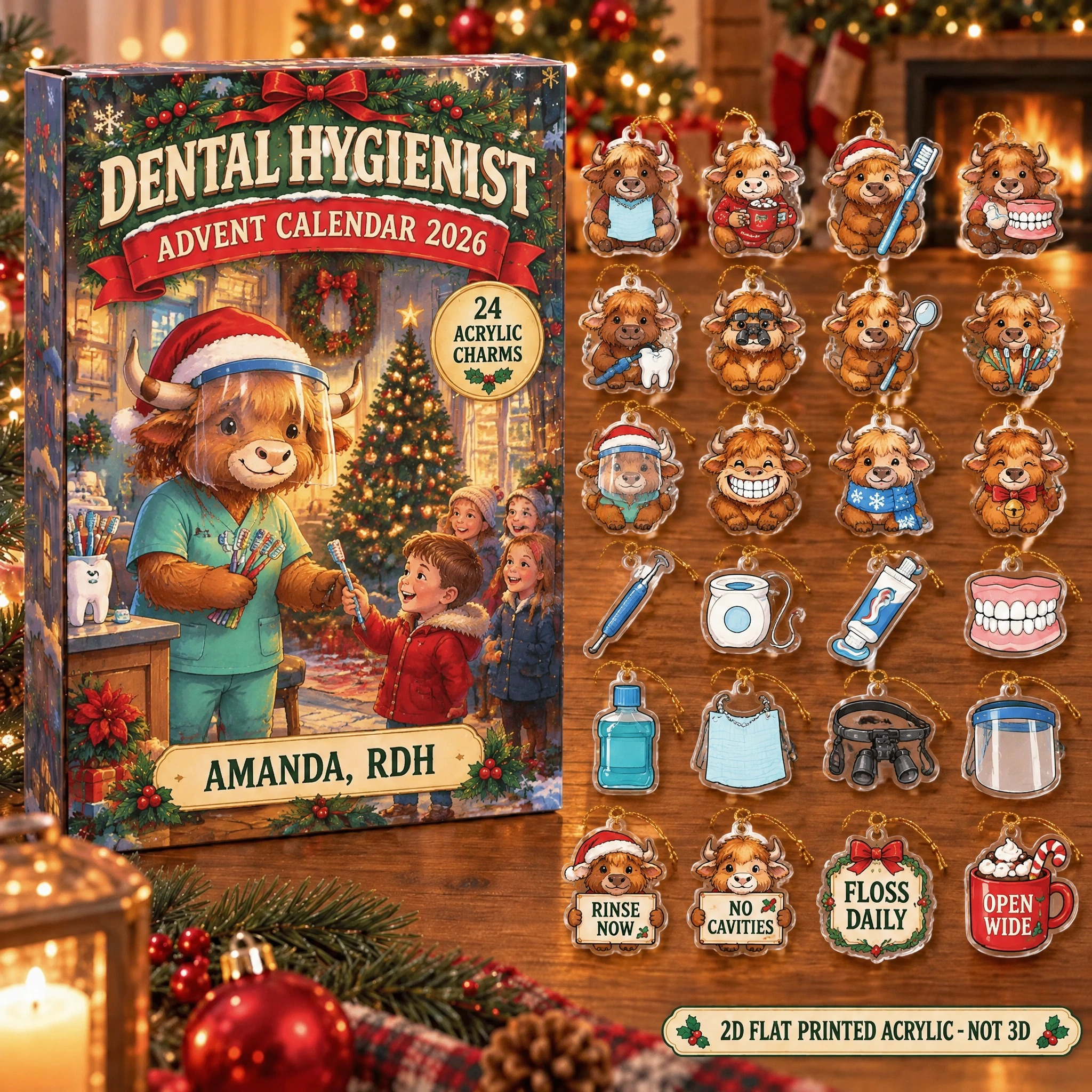 Personalized Hygienist Highland Cow advent calendar box with 24 flat acrylic Christmas charms