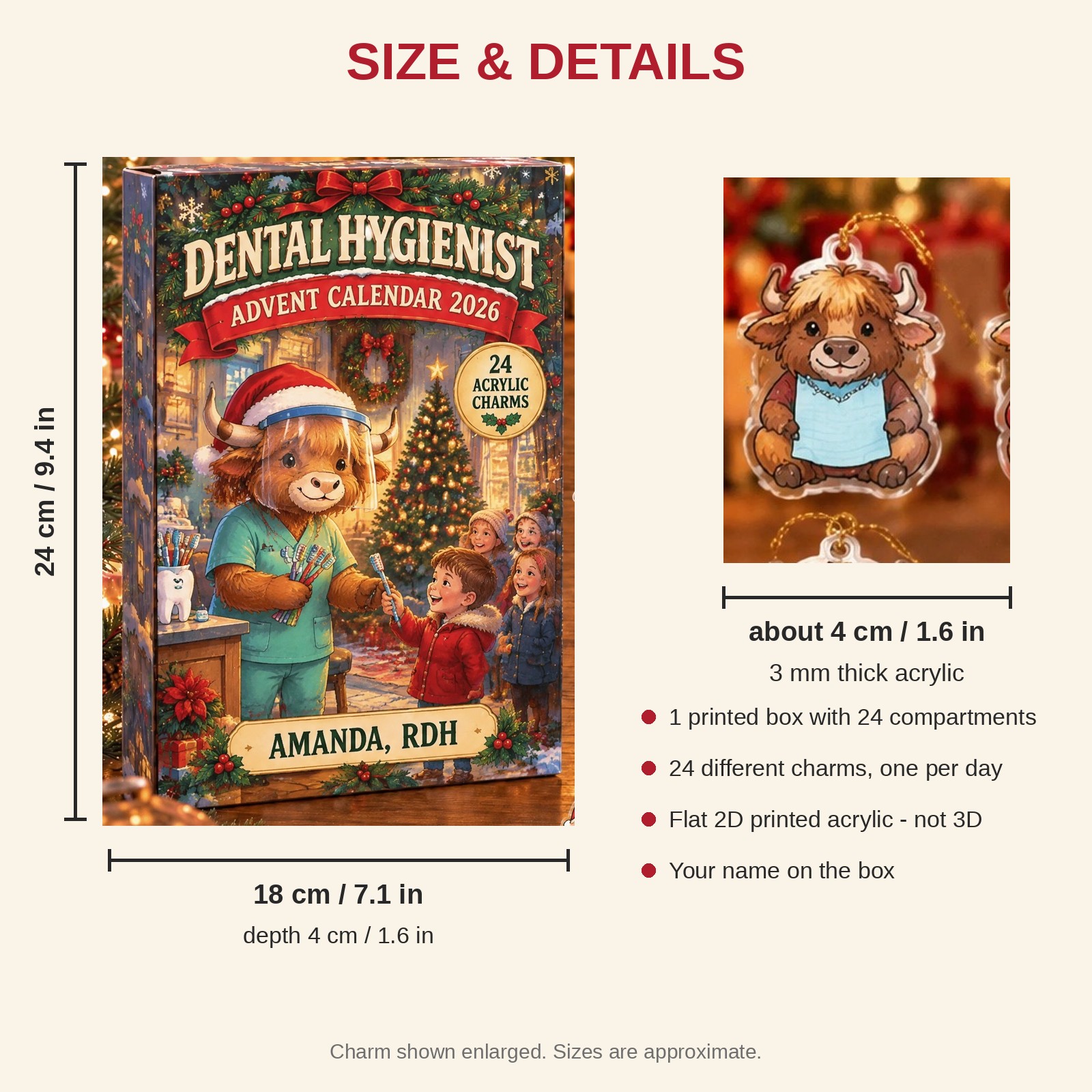 Personalized Hygienist Highland Cow advent calendar box with 24 flat acrylic Christmas charms: box and charm sizes