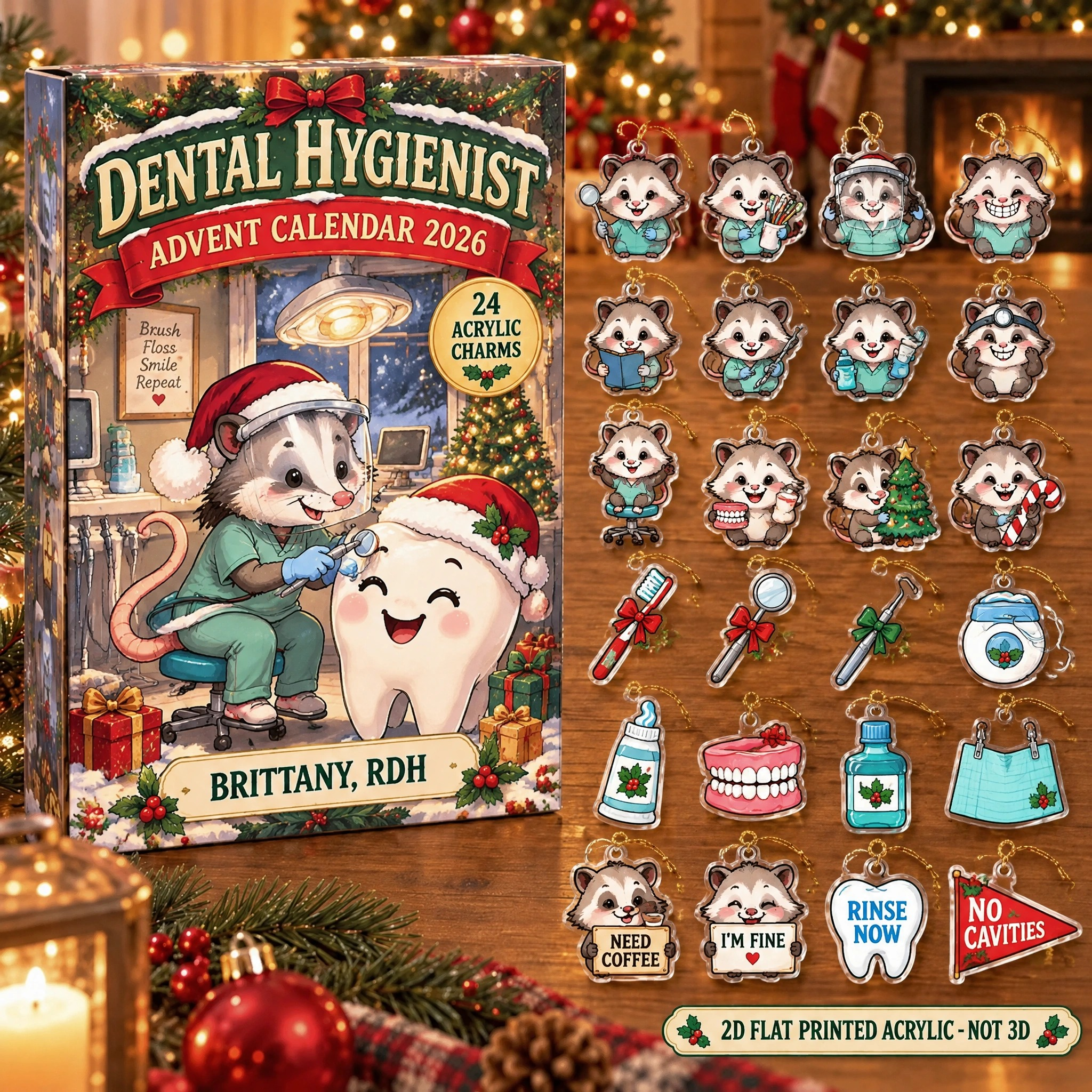 Personalized Dental Hygienist Opossum advent calendar box with 24 flat acrylic Christmas charms