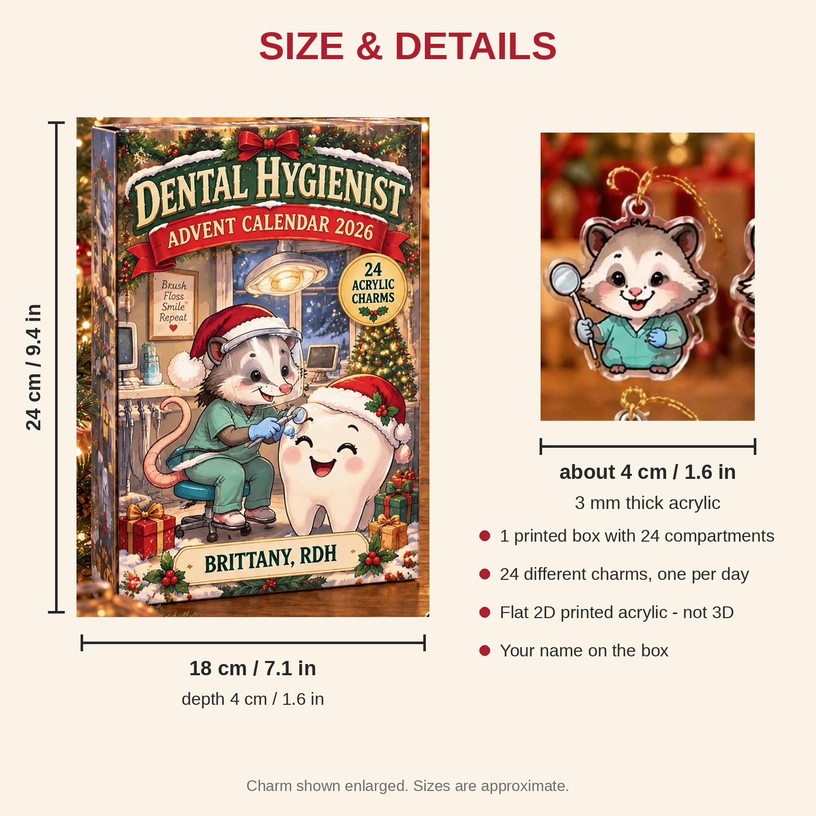 Personalized Dental Hygienist Opossum advent calendar box with 24 flat acrylic Christmas charms: box and charm sizes