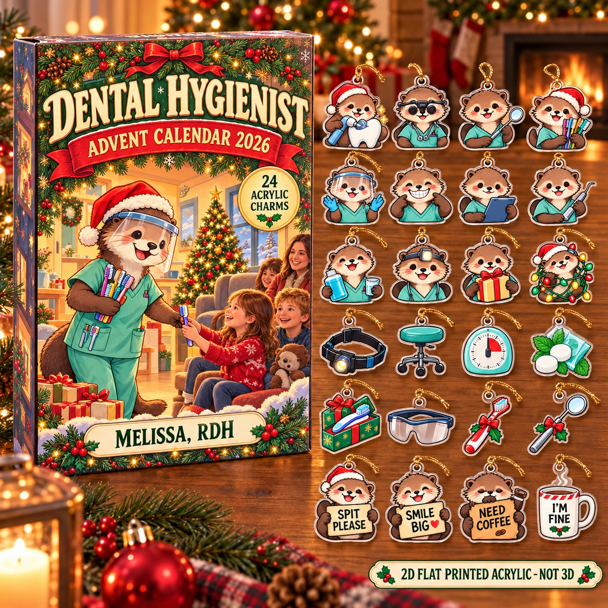Personalized Dental Hygienist Otter advent calendar box with 24 flat acrylic Christmas charms