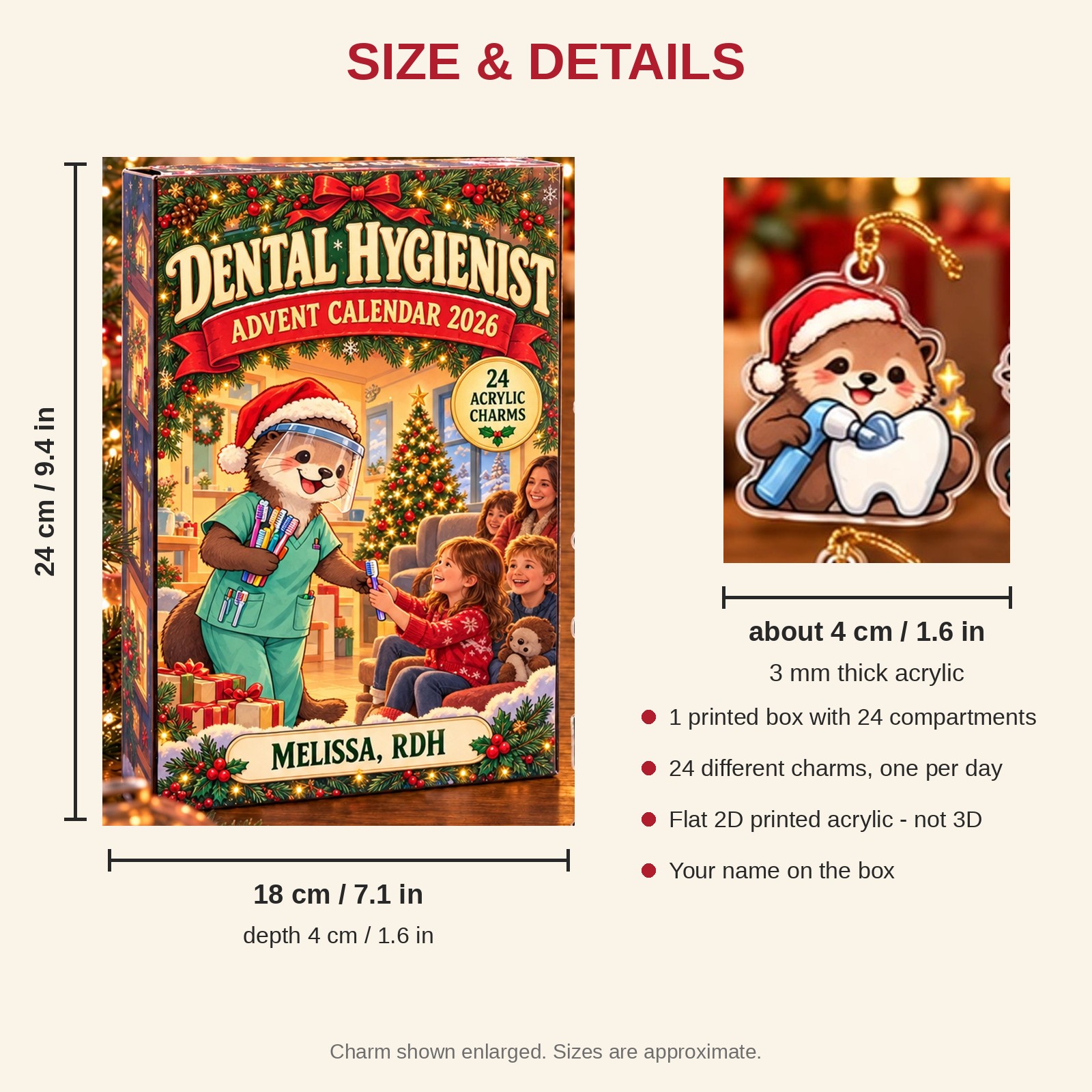 Personalized Dental Hygienist Otter advent calendar box with 24 flat acrylic Christmas charms: box and charm sizes
