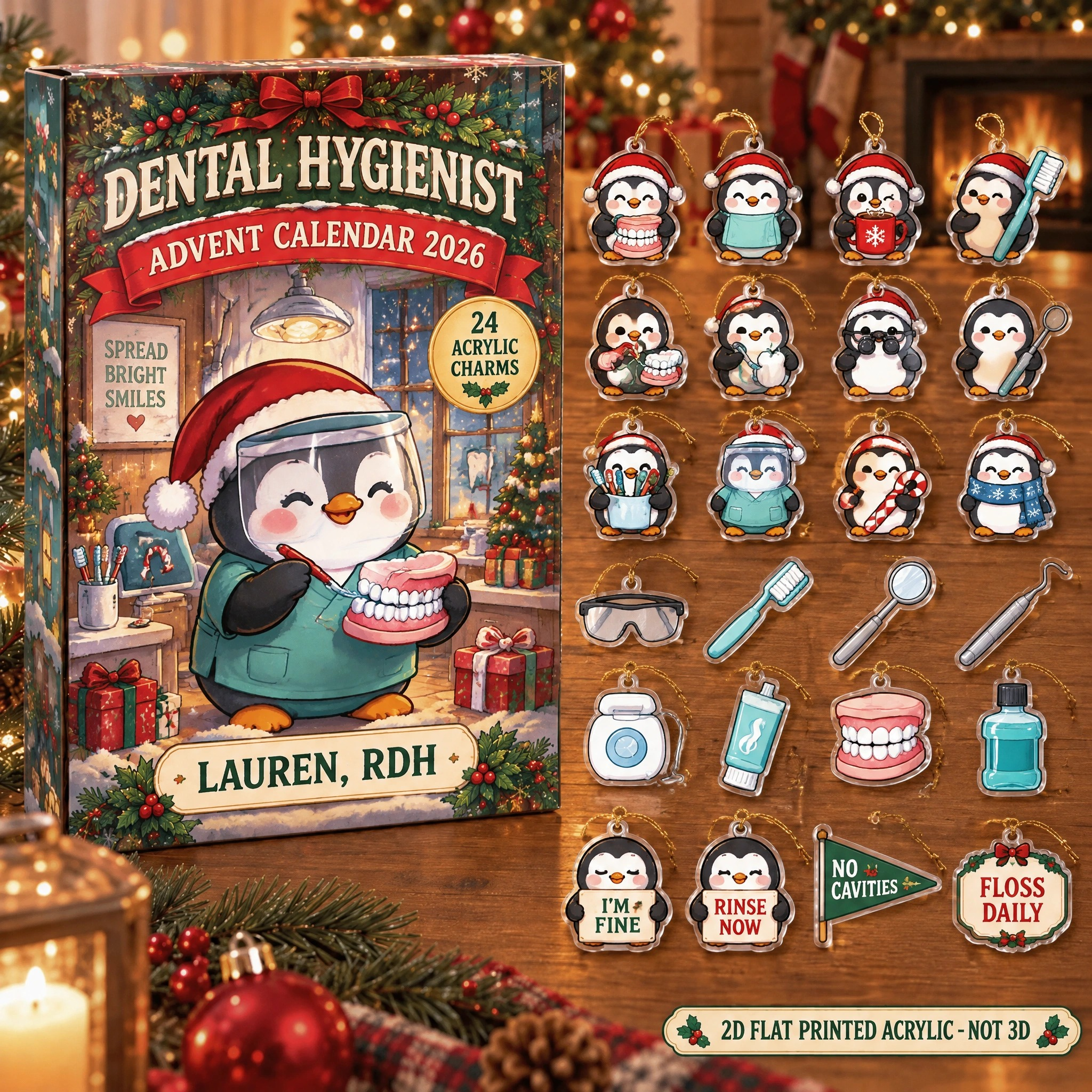 Personalized Dental Hygienist Penguin advent calendar box with 24 flat acrylic Christmas charms
