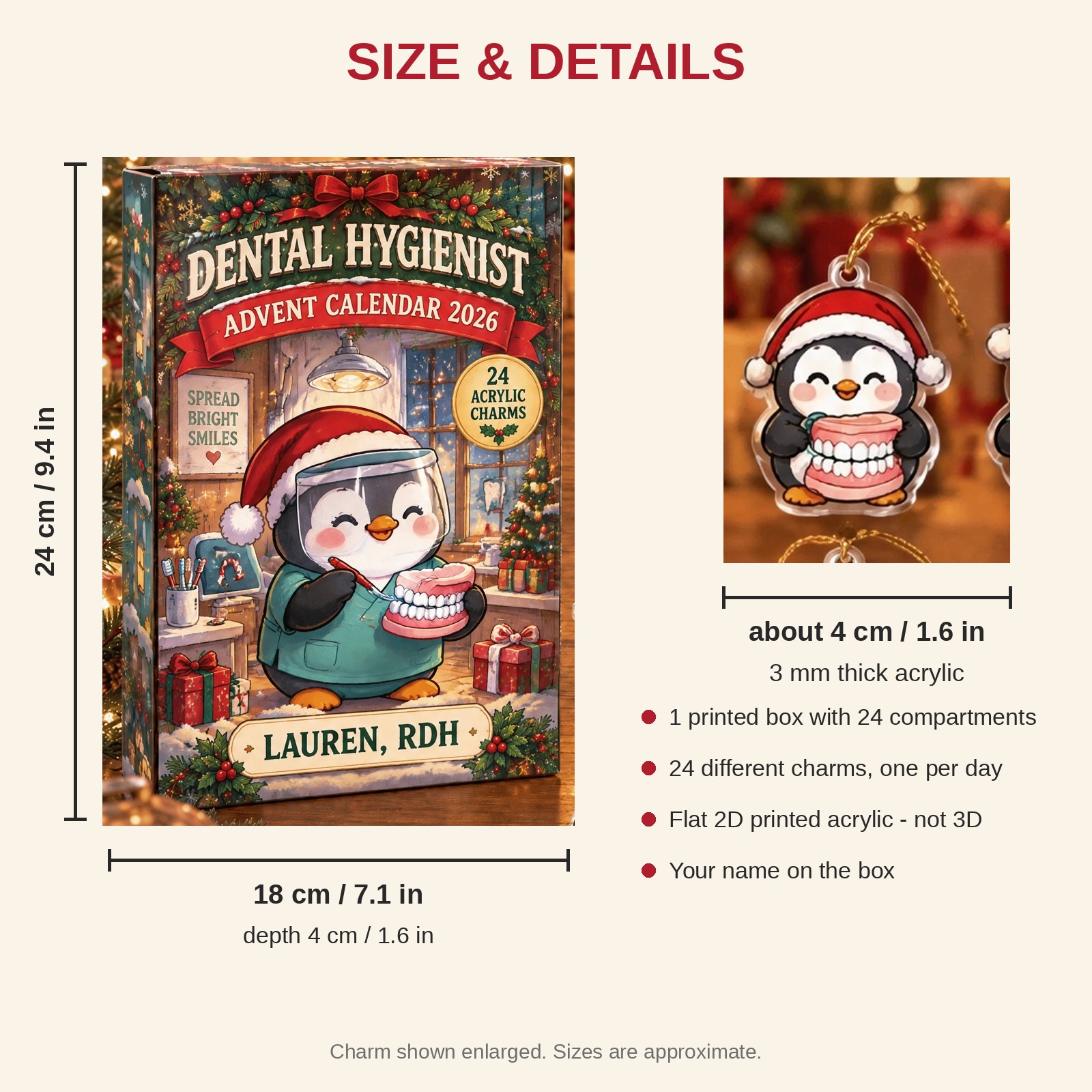 Personalized Dental Hygienist Penguin advent calendar box with 24 flat acrylic Christmas charms: box and charm sizes