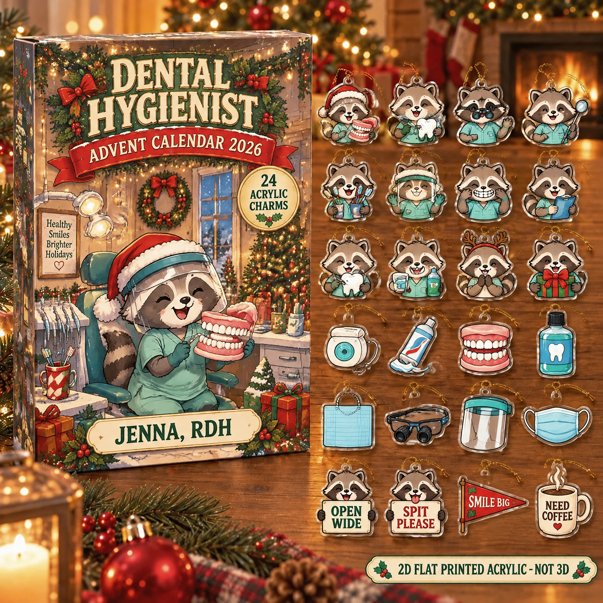 Personalized Dental Hygienist Raccoon advent calendar box with 24 flat acrylic Christmas charms