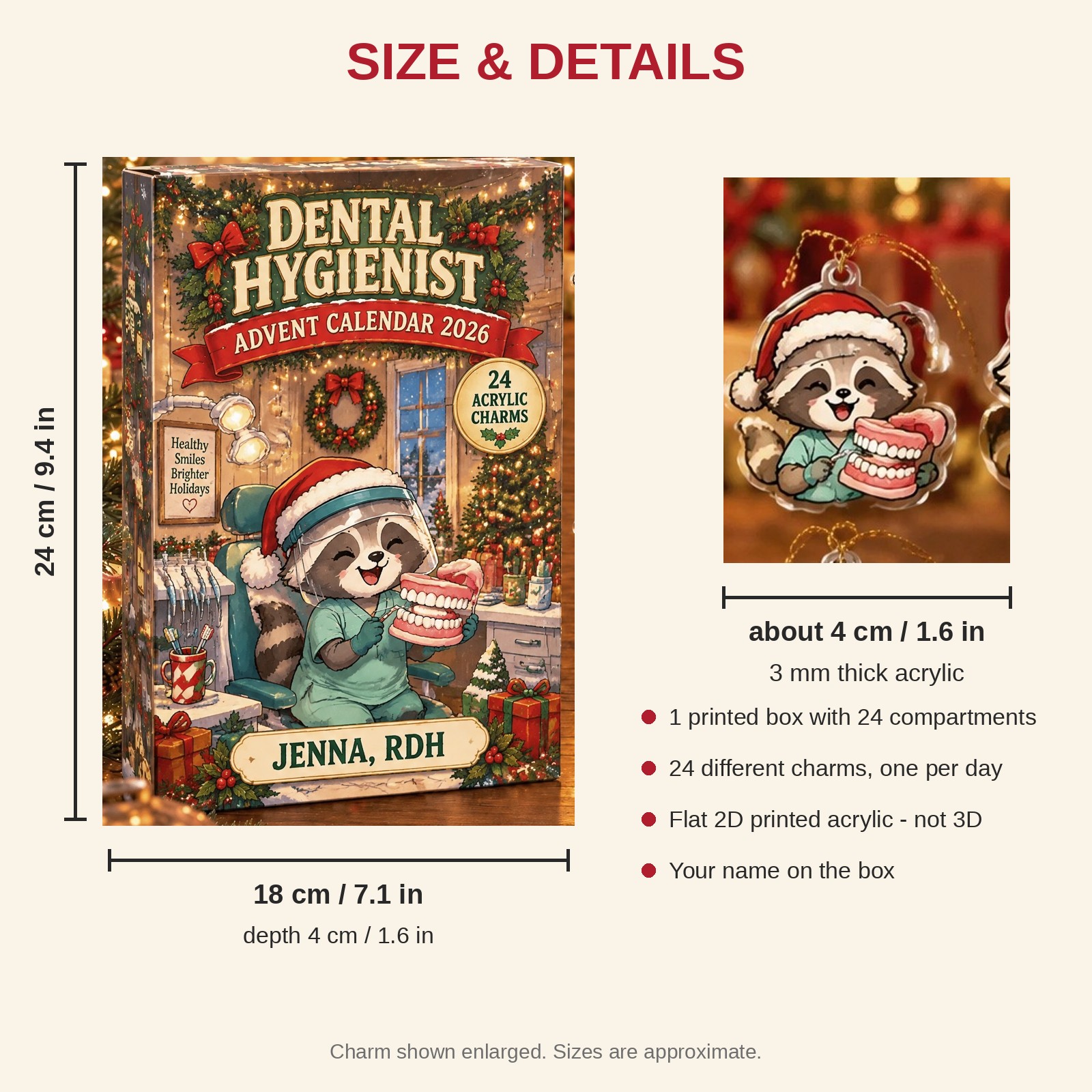 Personalized Dental Hygienist Raccoon advent calendar box with 24 flat acrylic Christmas charms: box and charm sizes