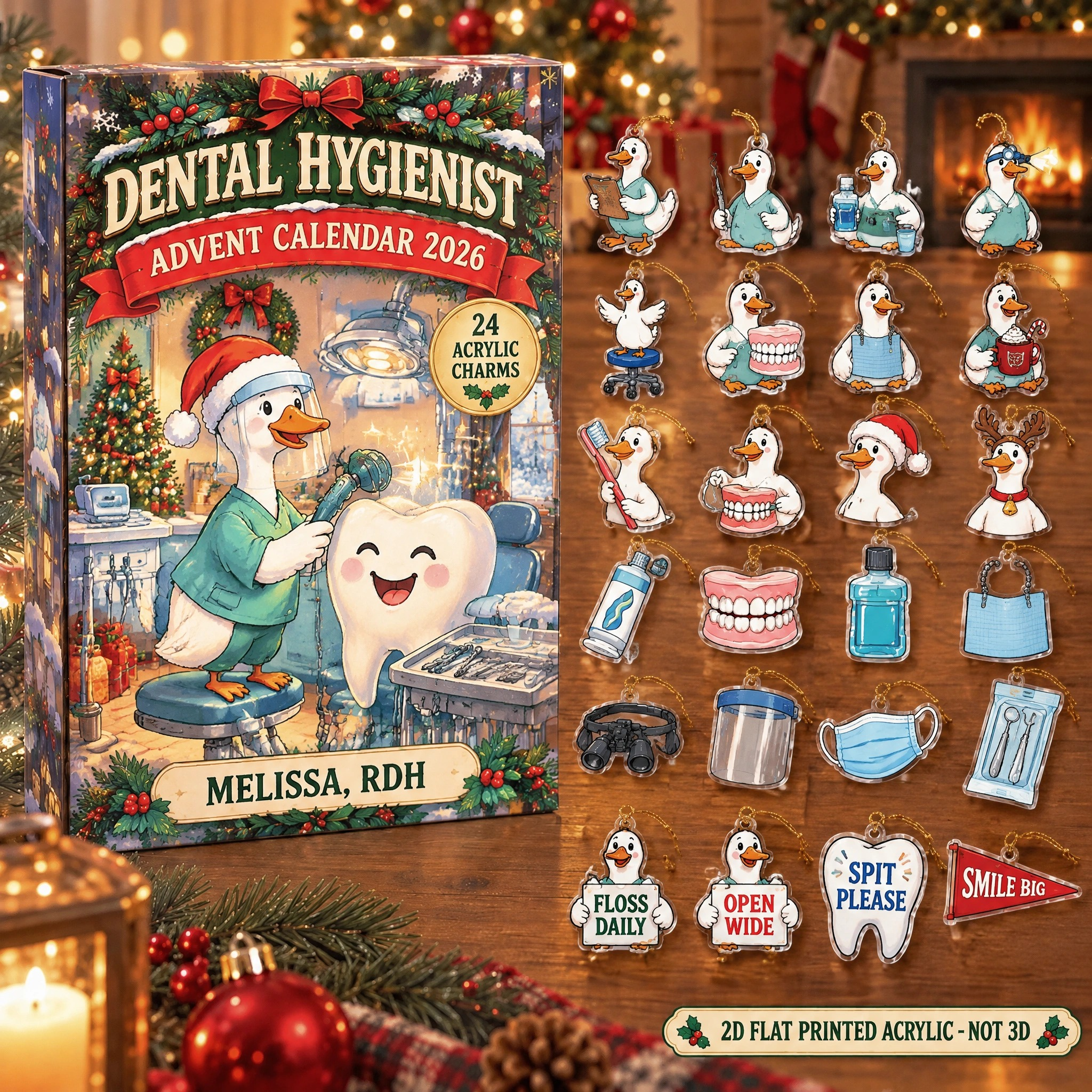 Personalized Dental Hygienist Silly Goose advent calendar box with 24 flat acrylic Christmas charms