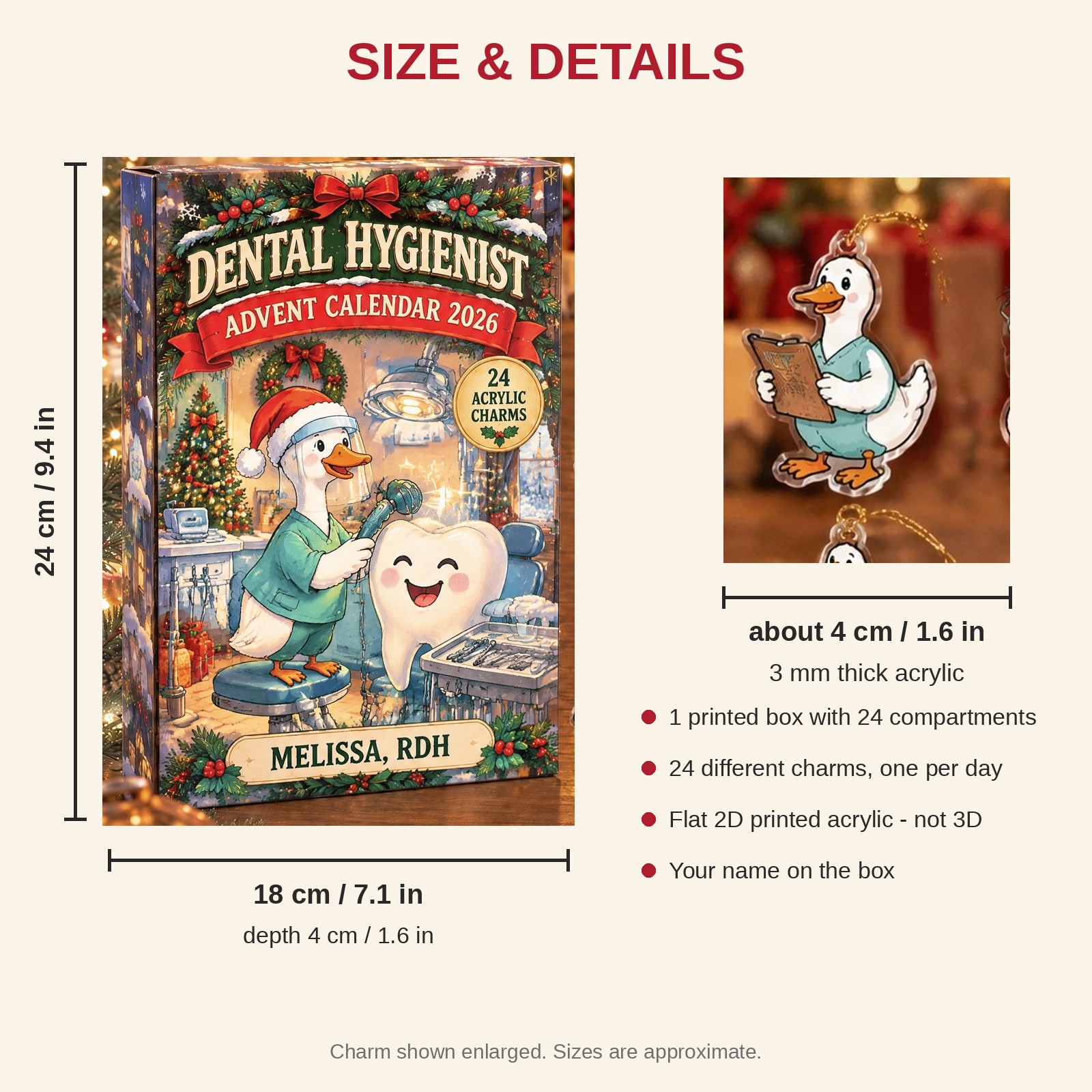 Personalized Dental Hygienist Silly Goose advent calendar box with 24 flat acrylic Christmas charms: box and charm sizes