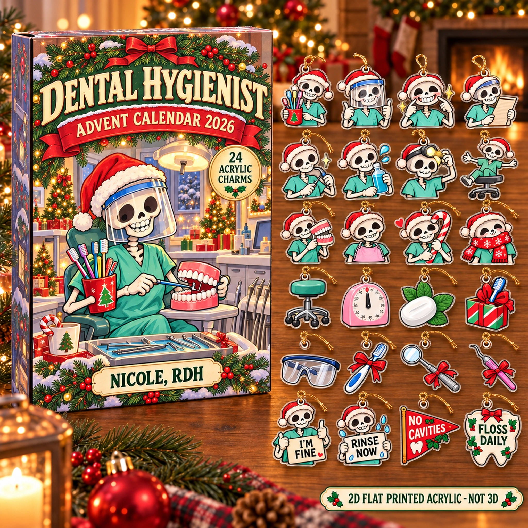 Personalized Dental Hygienist Skeleton advent calendar box with 24 flat acrylic Christmas charms