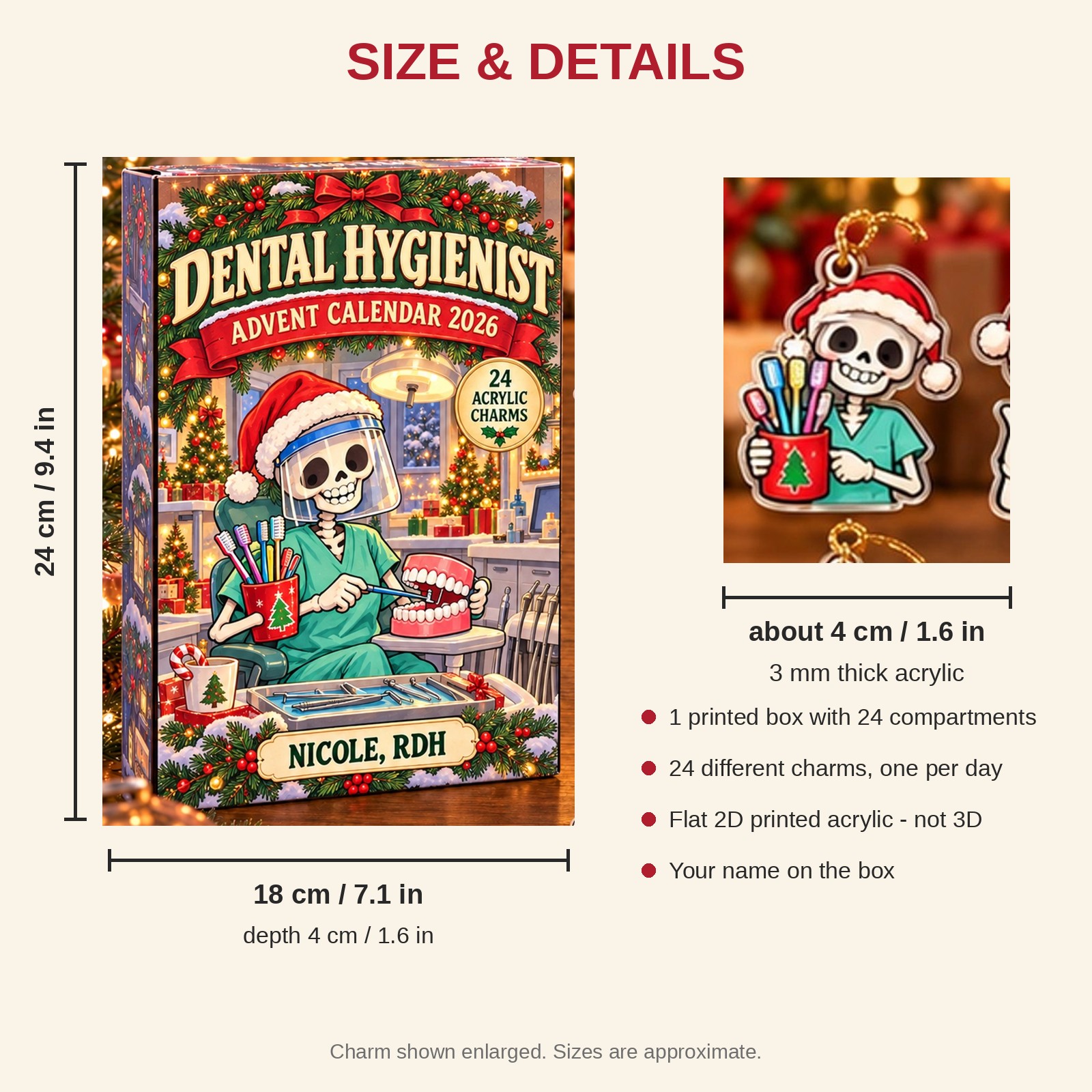 Personalized Dental Hygienist Skeleton advent calendar box with 24 flat acrylic Christmas charms: box and charm sizes