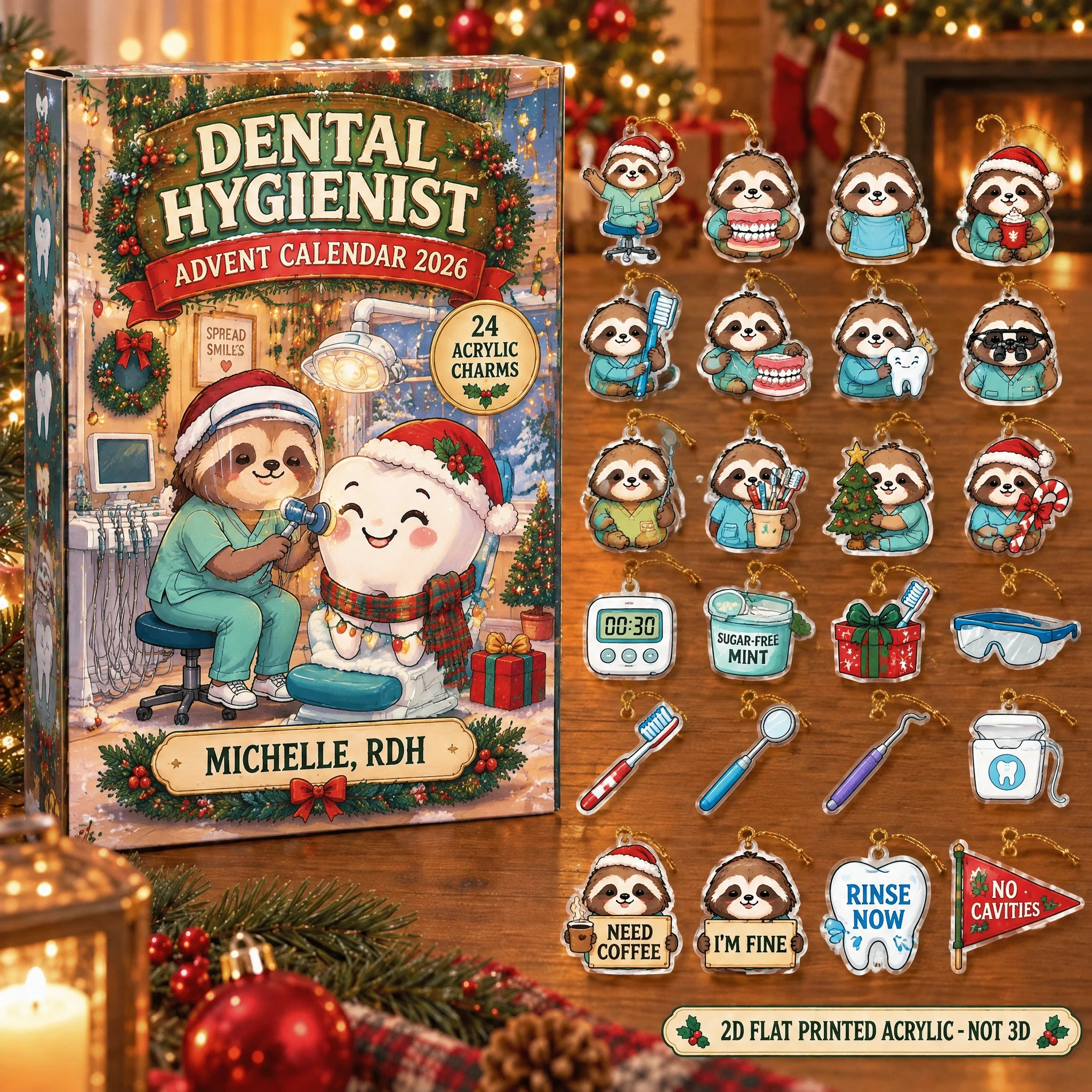 Personalized Dental Hygienist Sloth advent calendar box with 24 flat acrylic Christmas charms