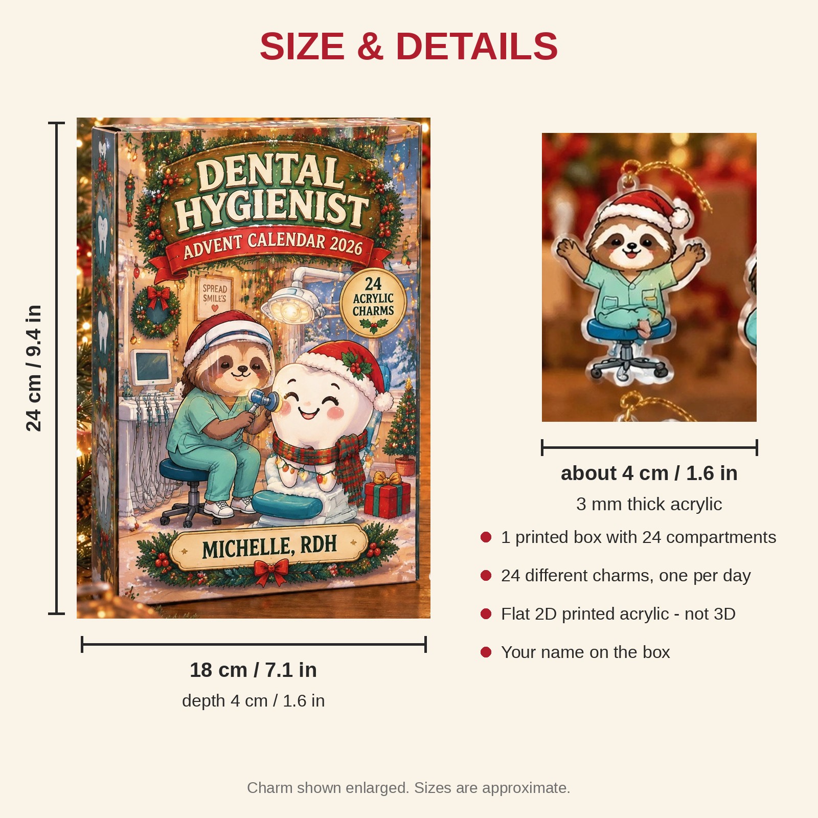 Personalized Dental Hygienist Sloth advent calendar box with 24 flat acrylic Christmas charms: box and charm sizes
