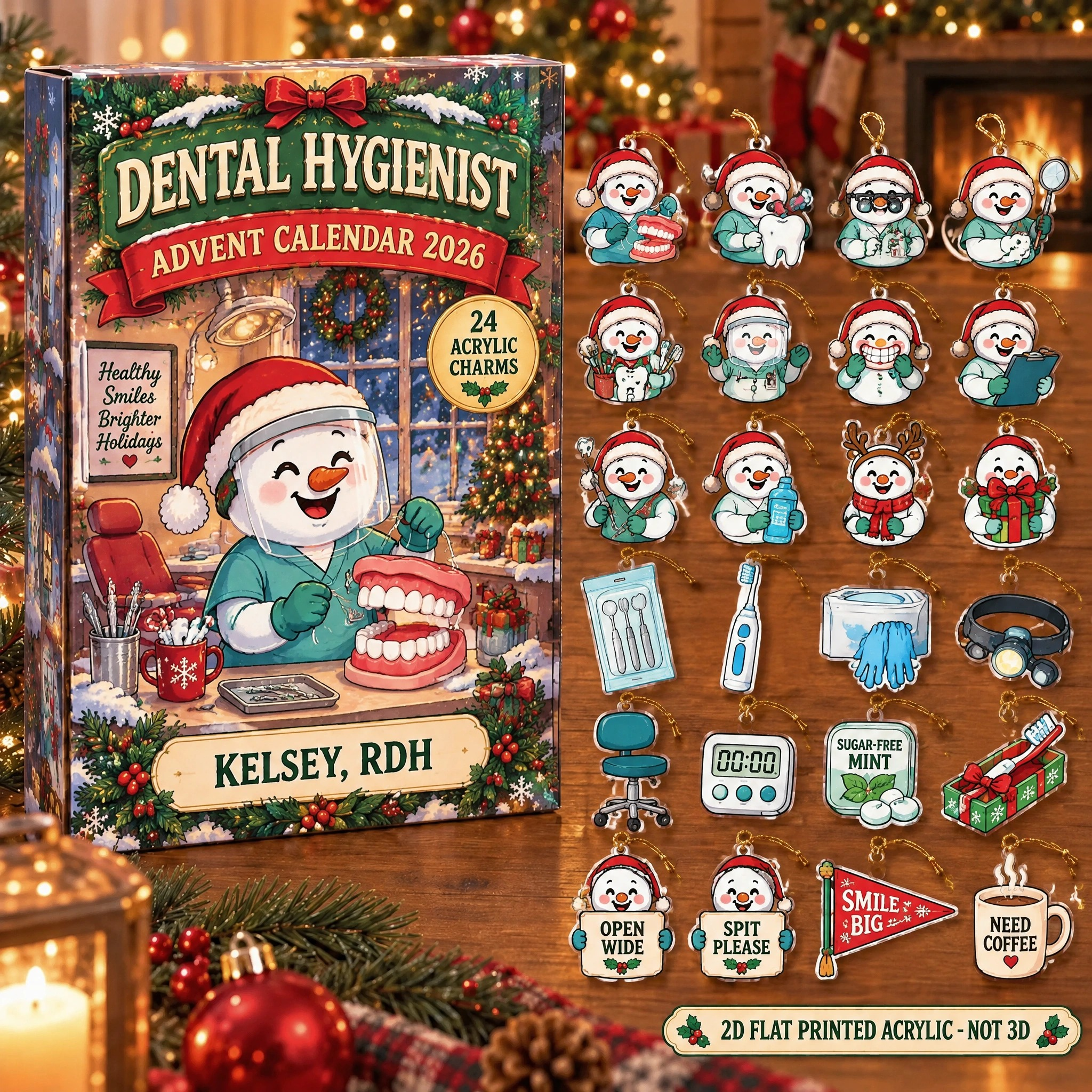 Personalized Dental Hygienist Snowman advent calendar box with 24 flat acrylic Christmas charms