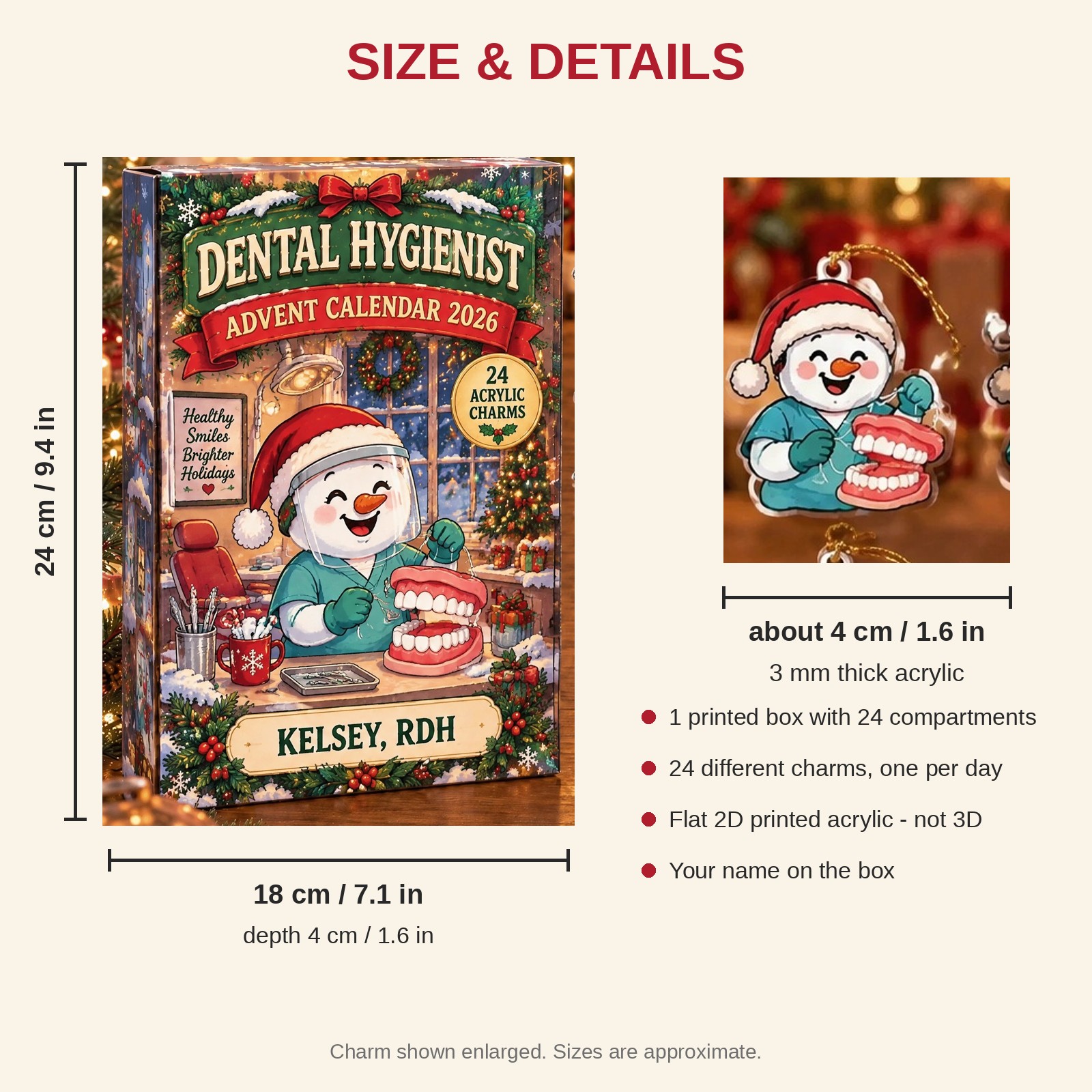 Personalized Dental Hygienist Snowman advent calendar box with 24 flat acrylic Christmas charms: box and charm sizes