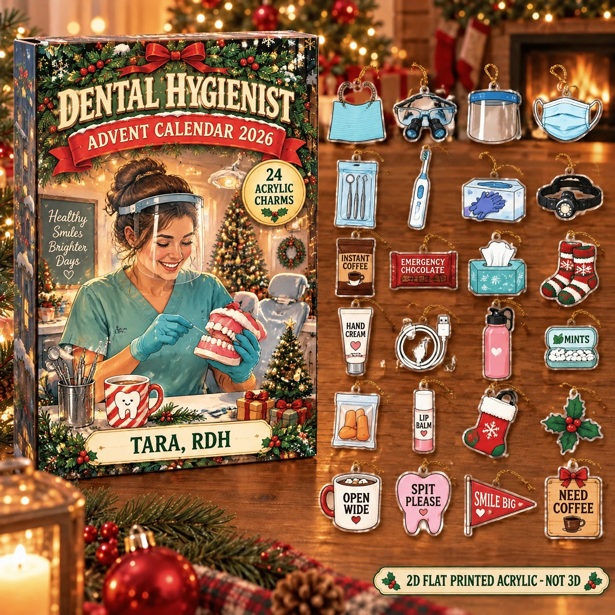 Personalized Hygienist Survival Kit advent calendar box with 24 flat acrylic Christmas charms
