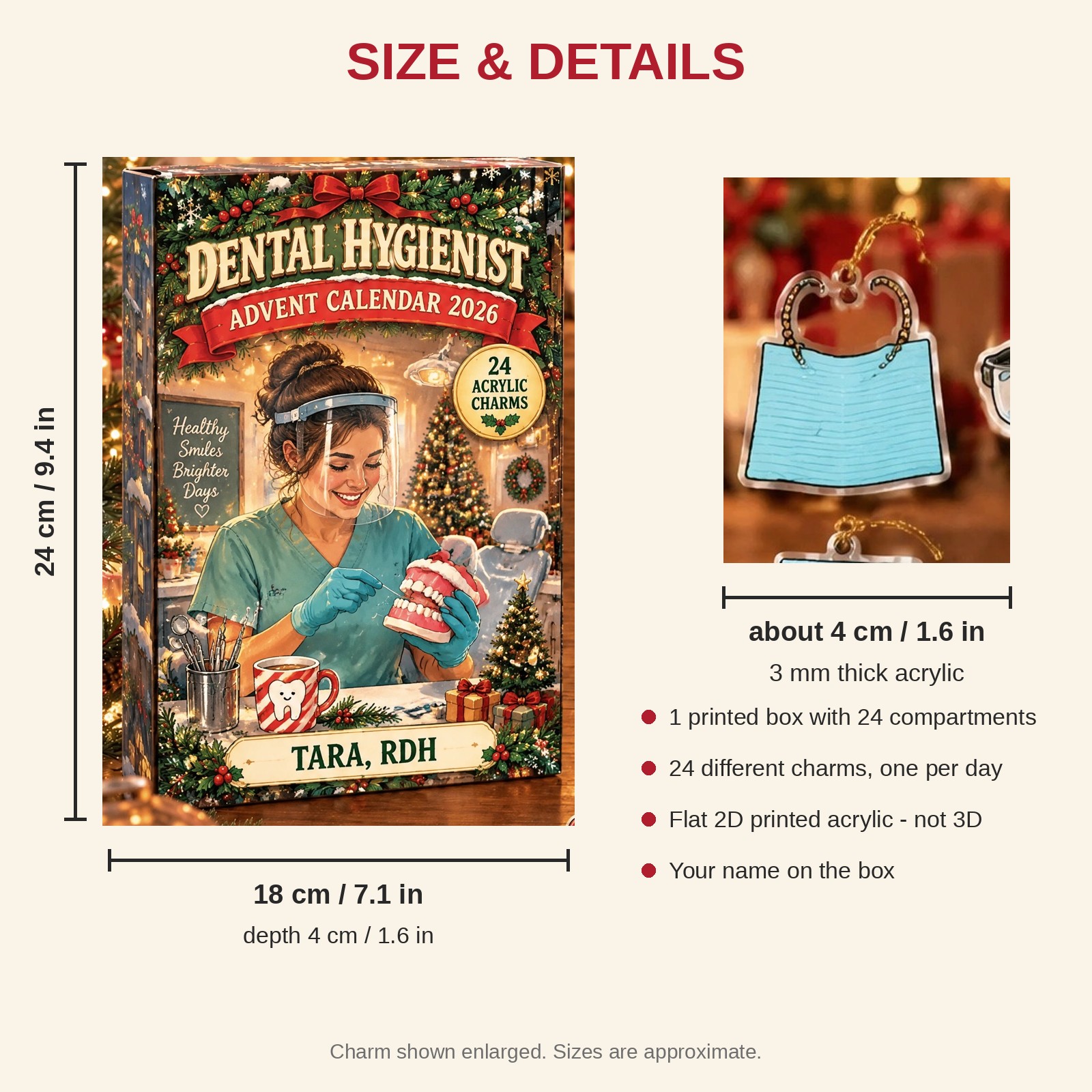 Personalized Hygienist Survival Kit advent calendar box with 24 flat acrylic Christmas charms: box and charm sizes
