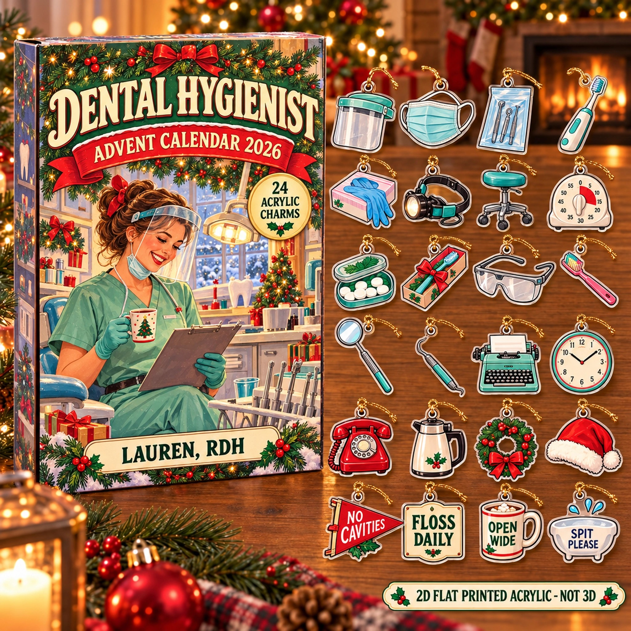 Personalized Vintage Dental Hygienist advent calendar box with 24 flat acrylic Christmas charms