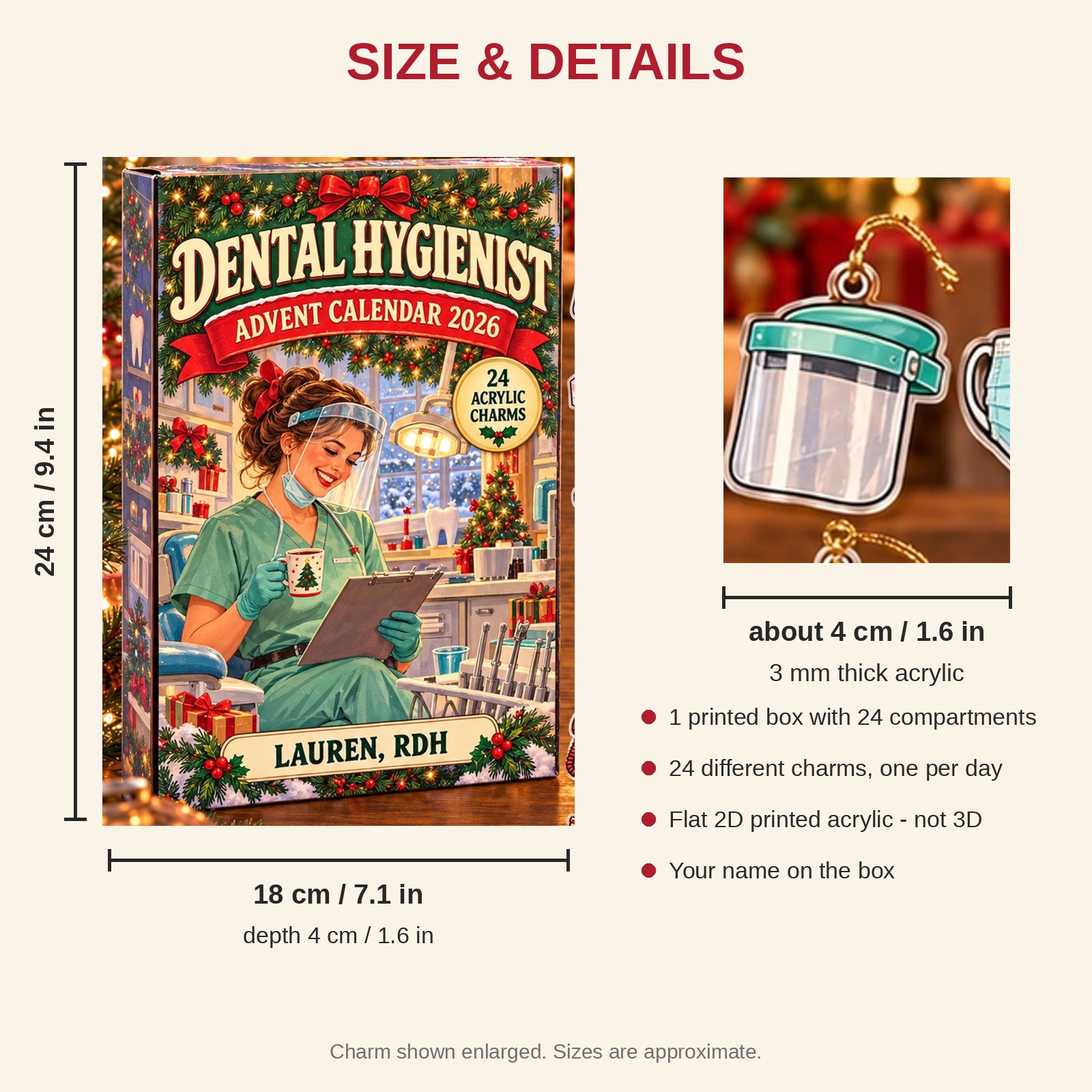 Personalized Vintage Dental Hygienist advent calendar box with 24 flat acrylic Christmas charms: box and charm sizes