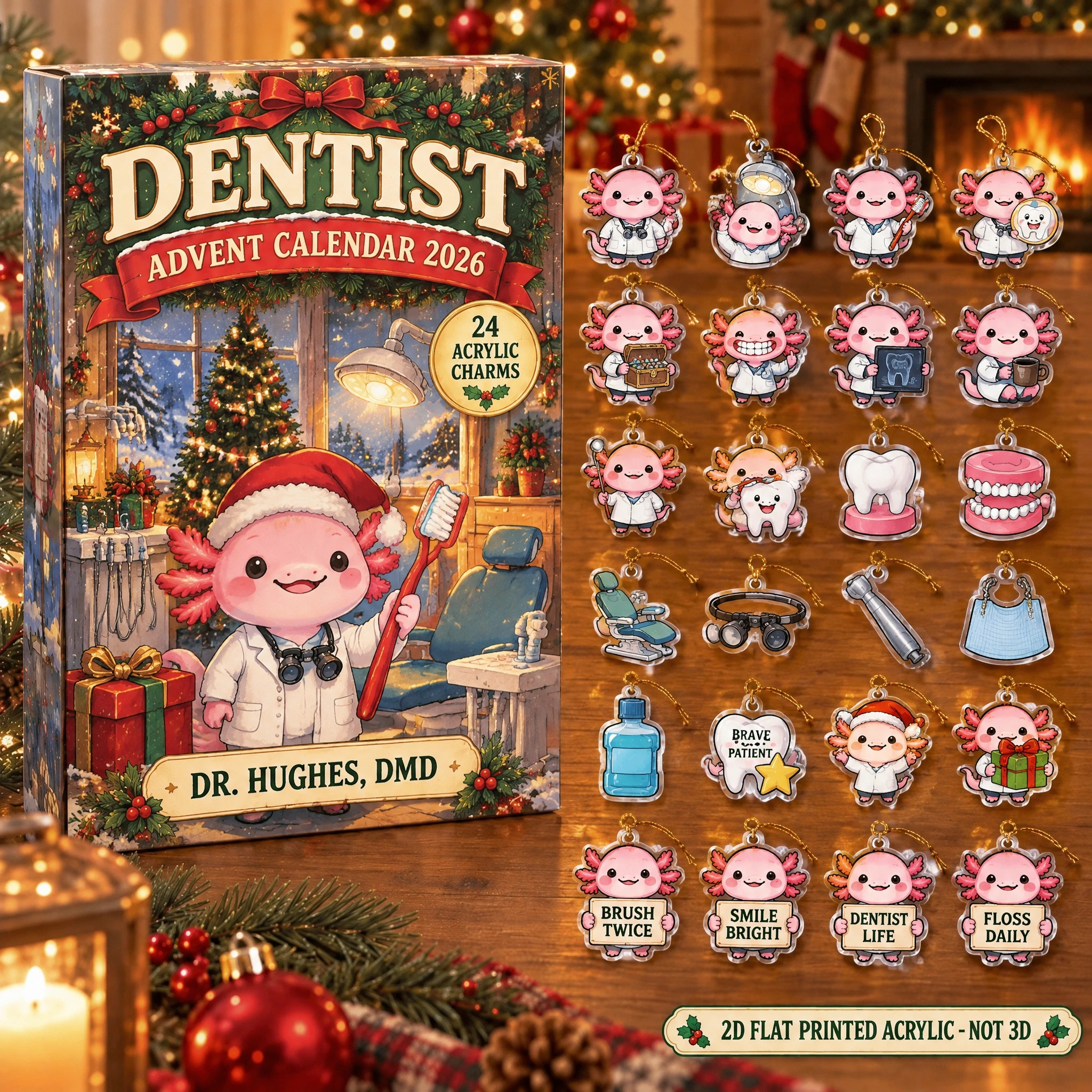 Personalized Dentist Axolotl advent calendar box with 24 flat acrylic Christmas charms