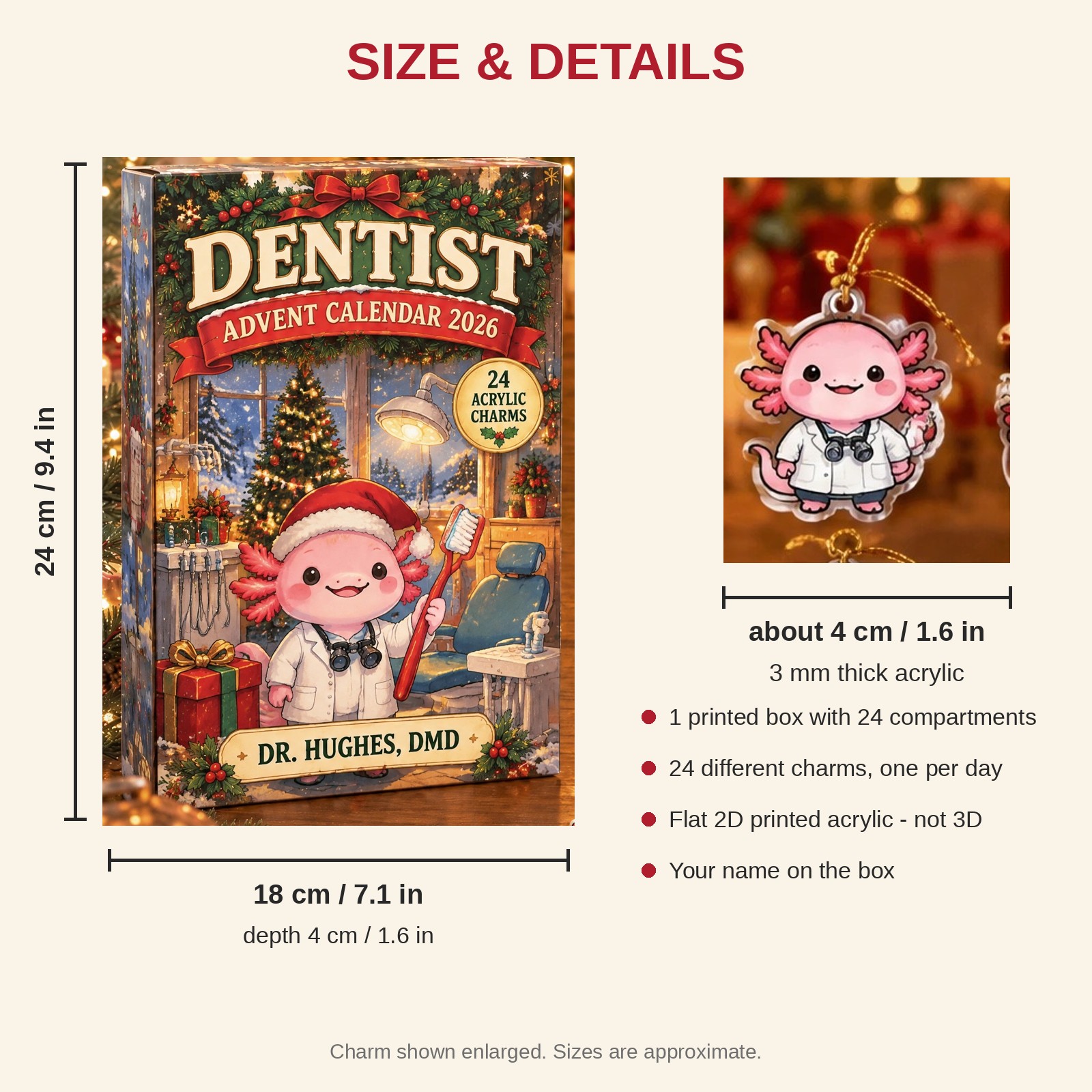 Personalized Dentist Axolotl advent calendar box with 24 flat acrylic Christmas charms: box and charm sizes