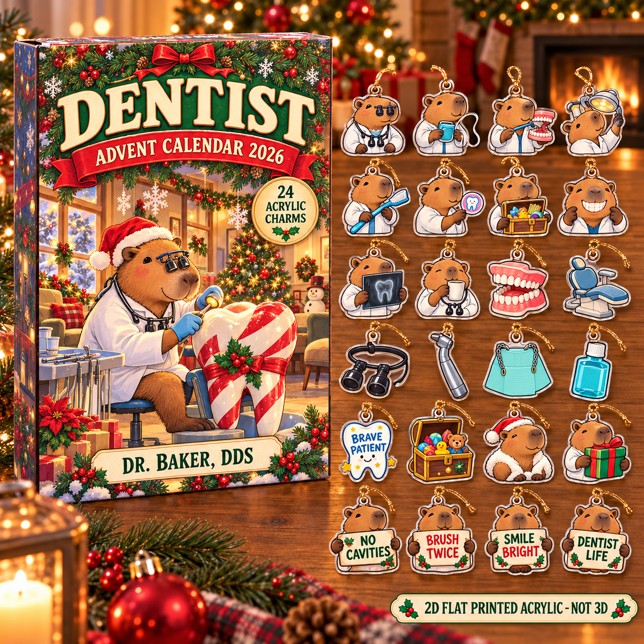 Personalized Dentist Capybara advent calendar box with 24 flat acrylic Christmas charms