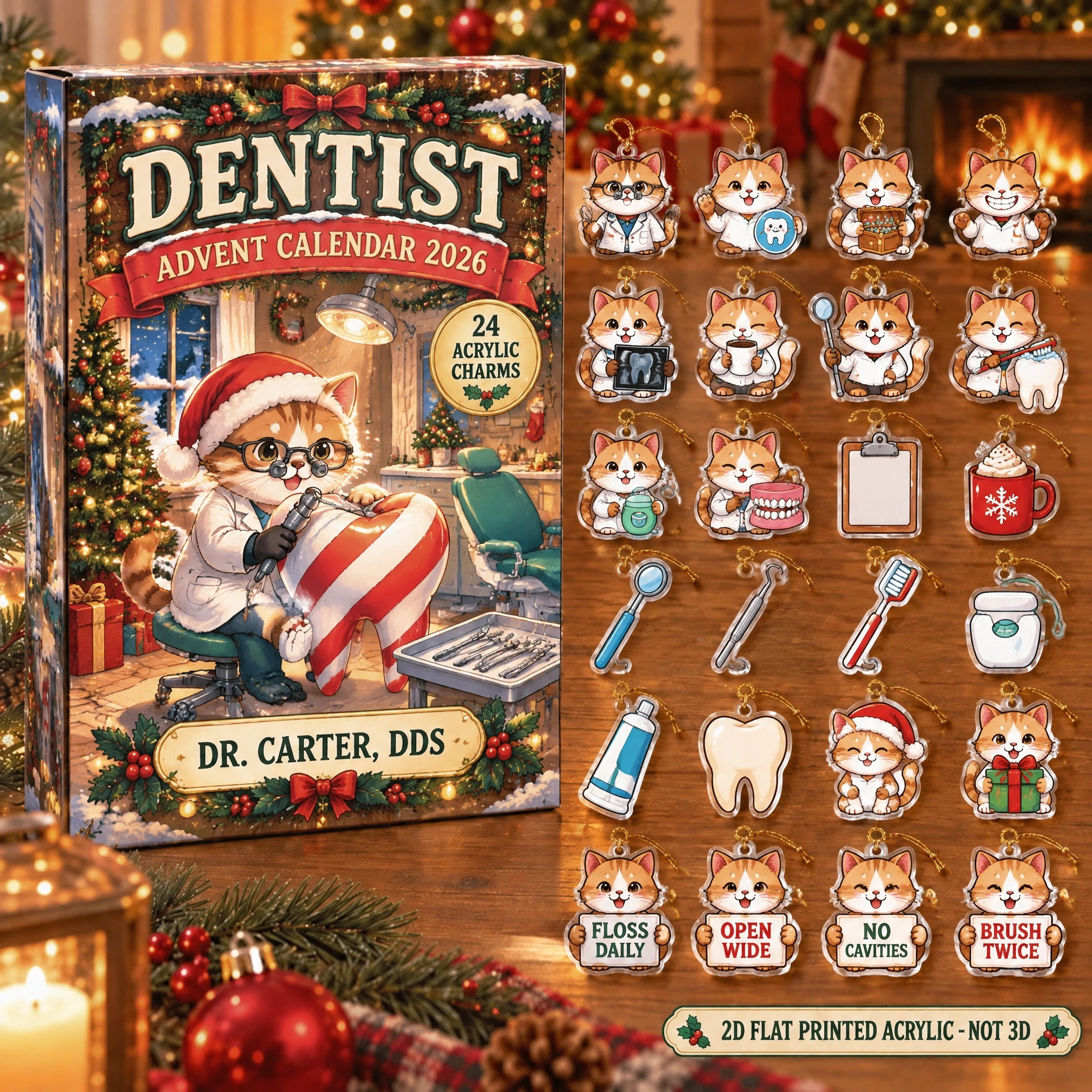 Personalized Dentist Cat advent calendar box with 24 flat acrylic Christmas charms