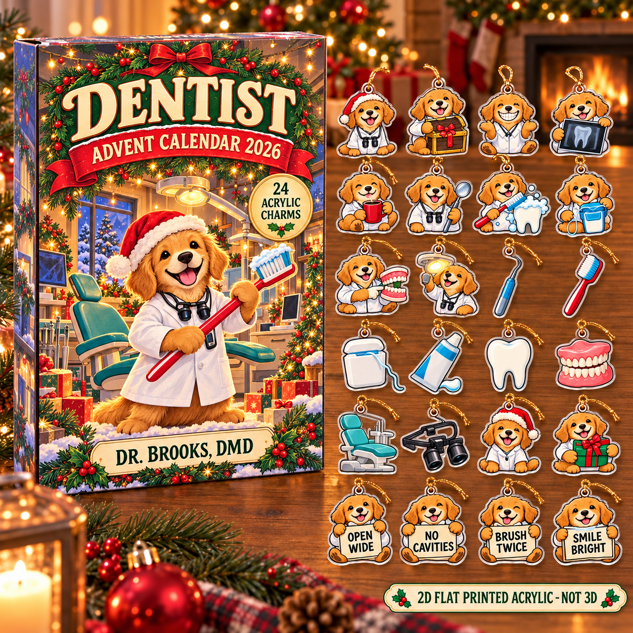 Personalized Dentist Dog advent calendar box with 24 flat acrylic Christmas charms