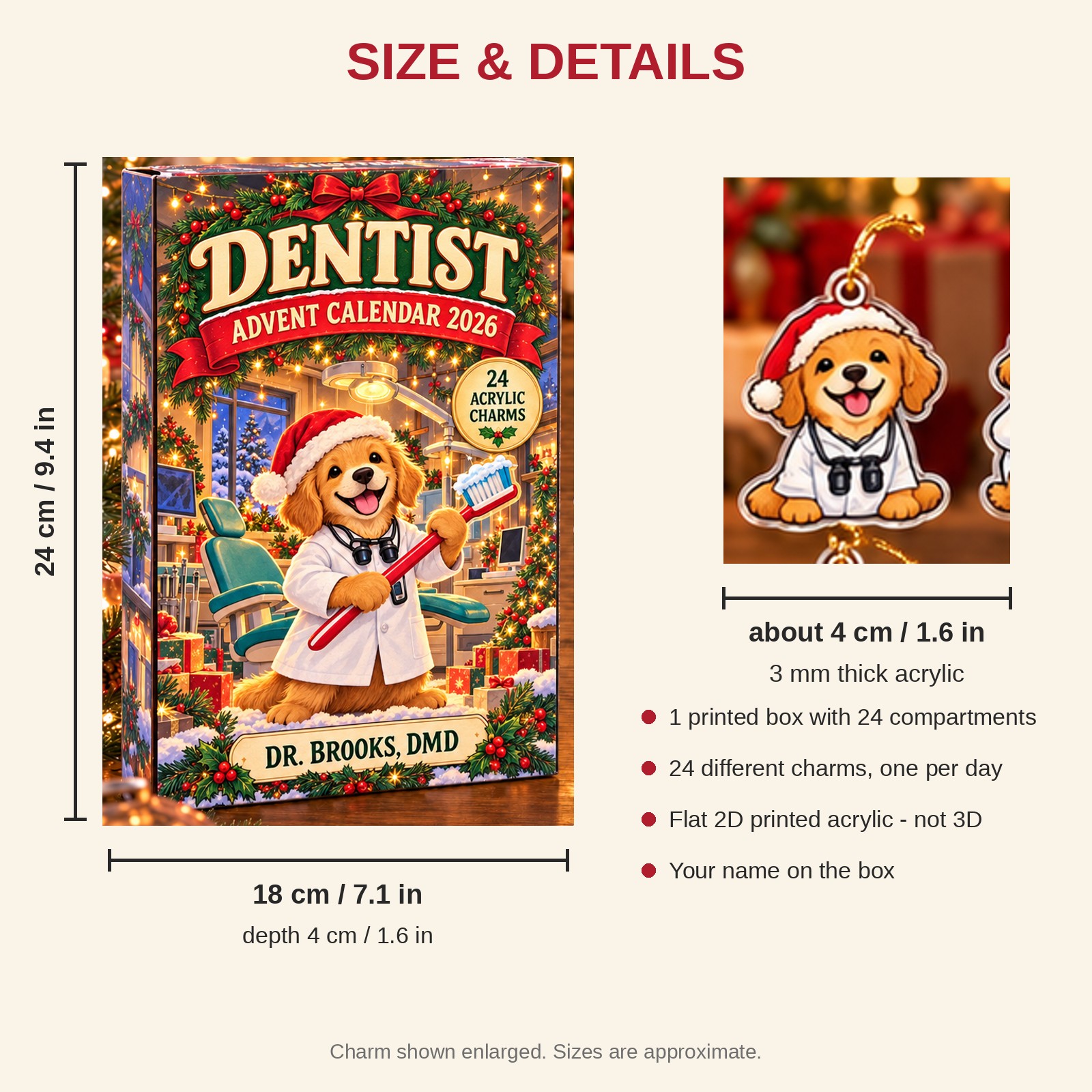 Personalized Dentist Dog advent calendar box with 24 flat acrylic Christmas charms: box and charm sizes